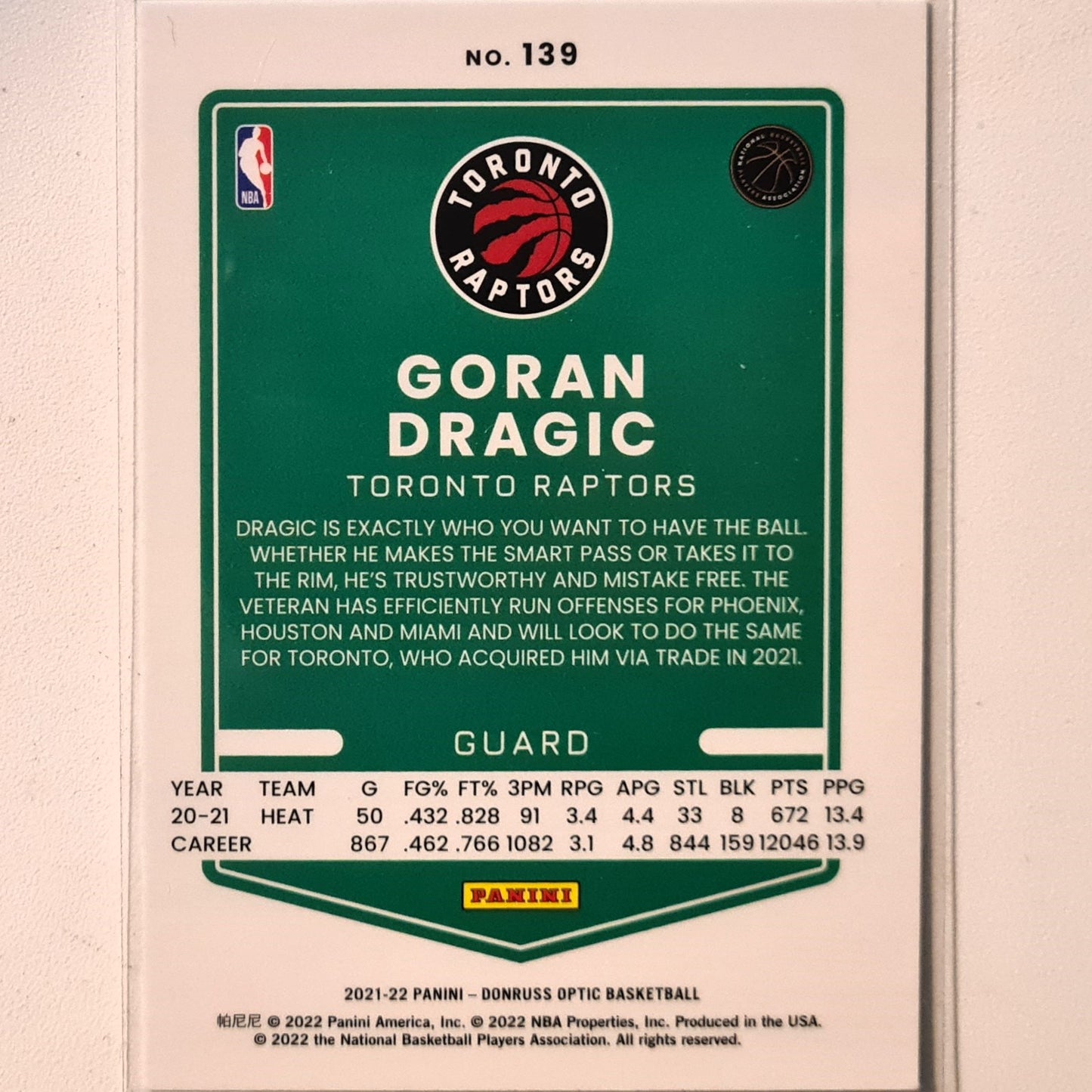 Goran Dragic 2021-22 Panini Donruss Optic #139 NBA Basketball Toronto Raptors excellent/mint Sleeved