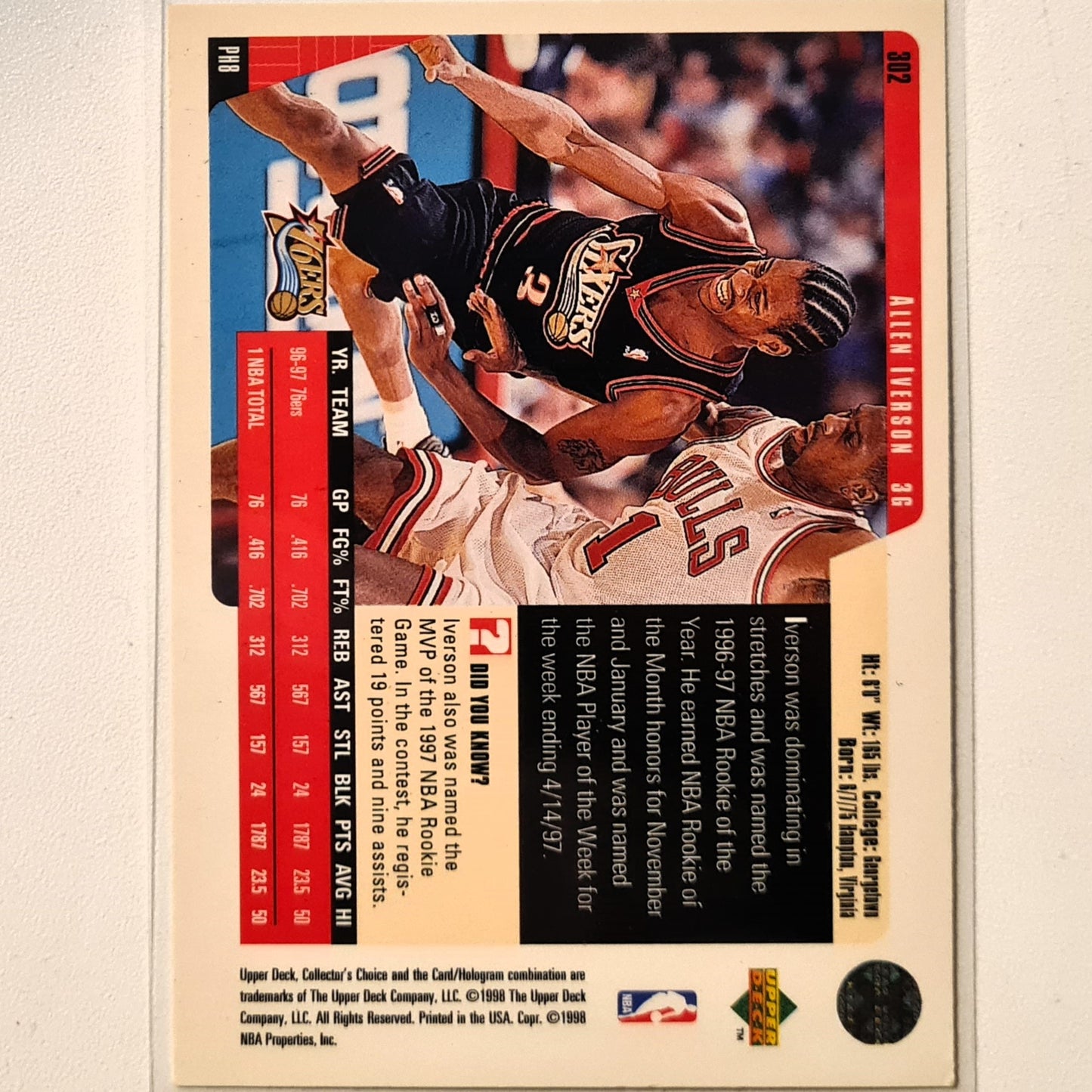 Allen Iverson 1998 Upper-Deck #302 NBA Basketball Philadelphia 76ers very good Sleeved