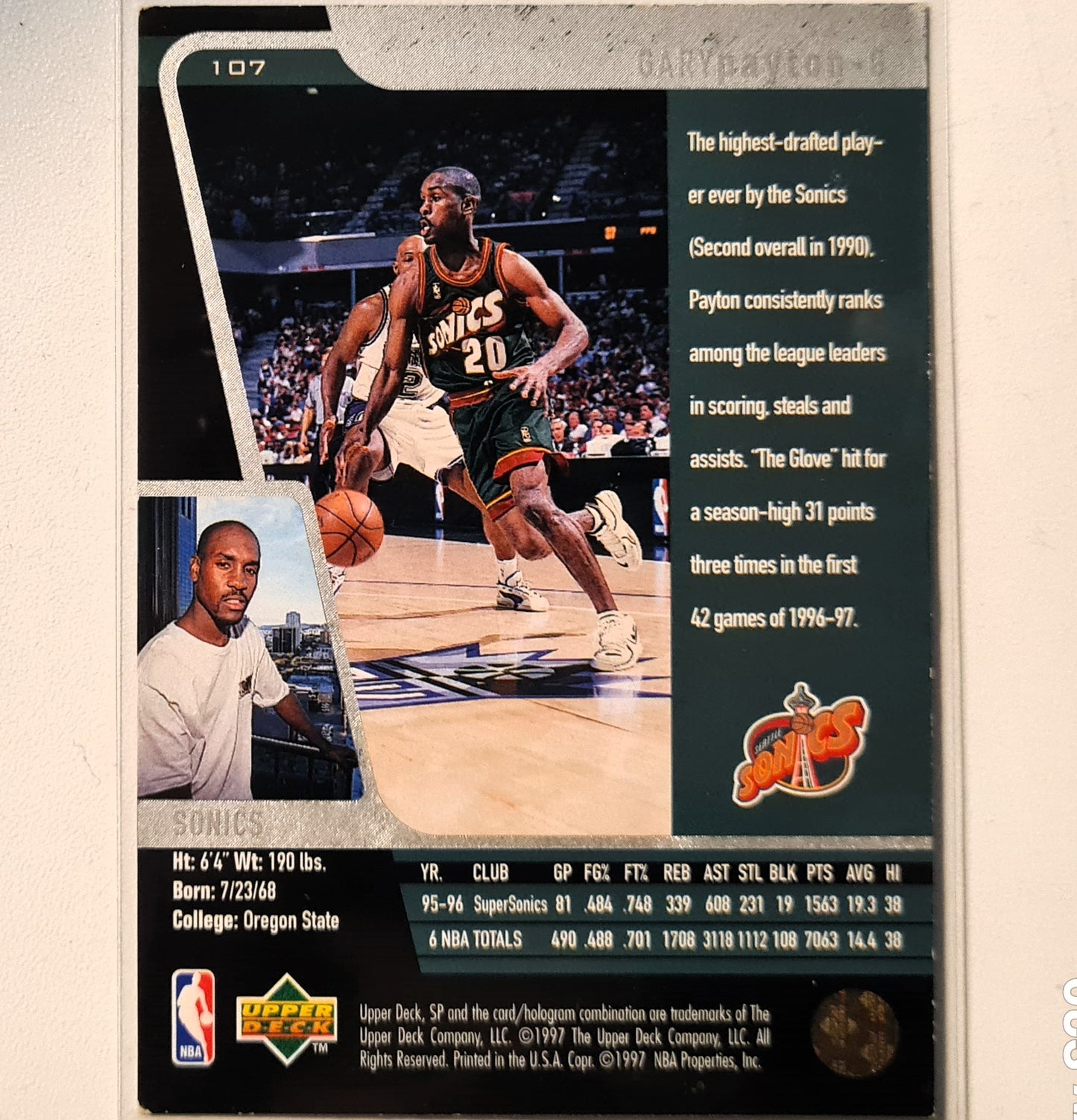 Gary Payton 1997 Upper-Deck SP #107 NBA Basketball Seattle Super Sonics fair Sleeved