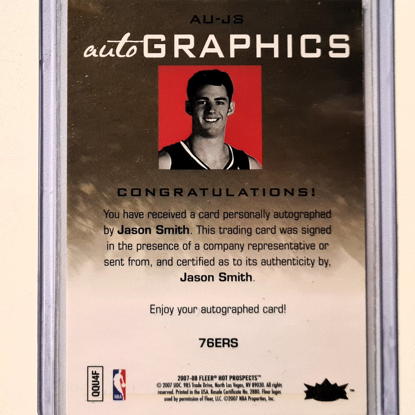 Jason Smith 2007-08 Fleer Hot Prospects Autographics Rookie RC auto AU-JS NBA Basketball Philadelphia 76ers Excellent Sleeved