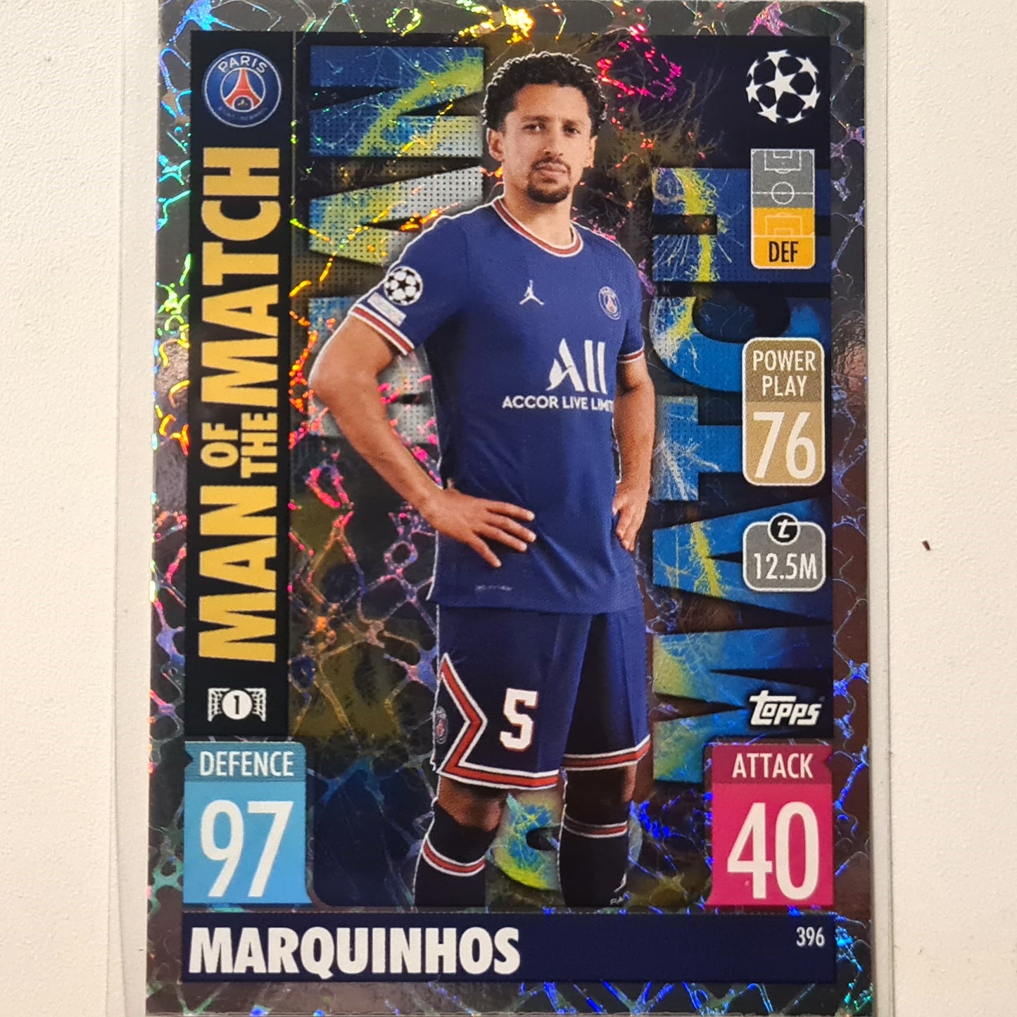 Marquinhos 2021-22 Topps Match Attax Man of the match #396 Soccer Football Paris Saint Germain Excellent Sleeved