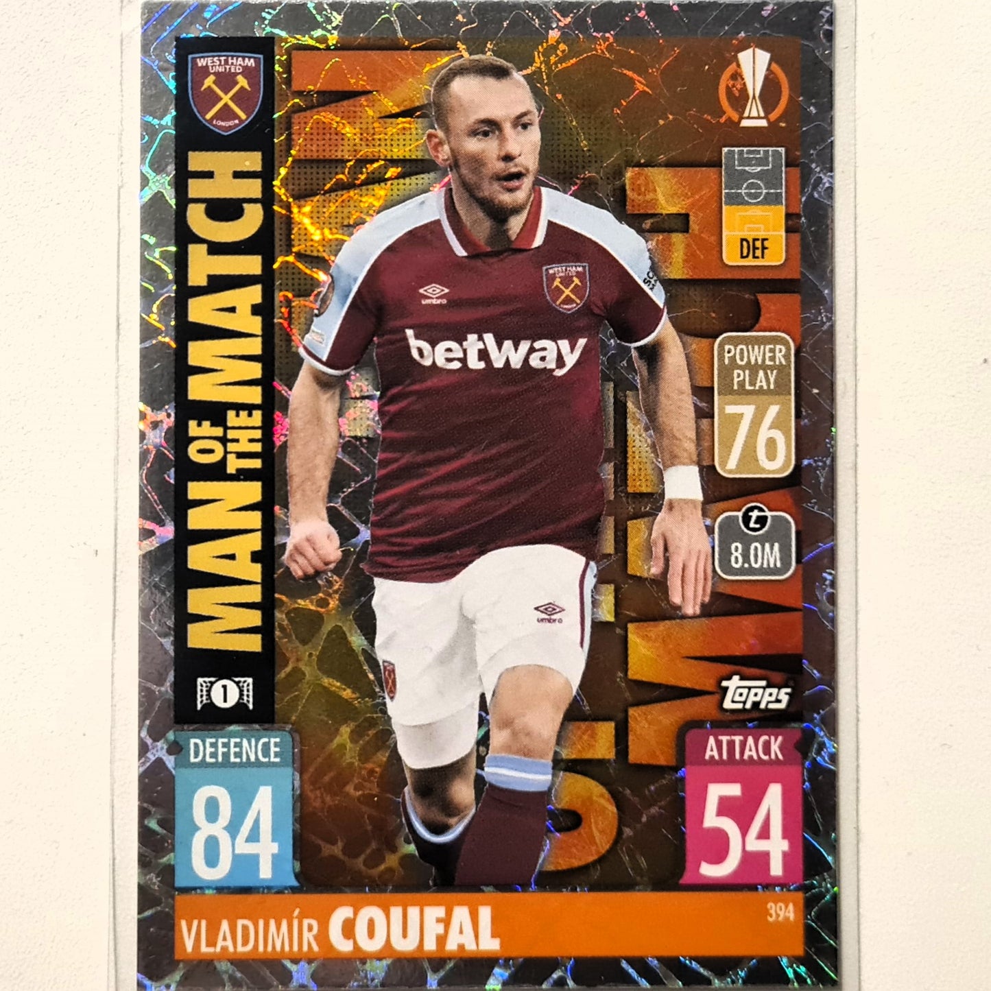 Vladimir Coufal 2021-22 Topps Match Attax Man of the match #394 Soccer Football West Ham United Excellent Sleeved