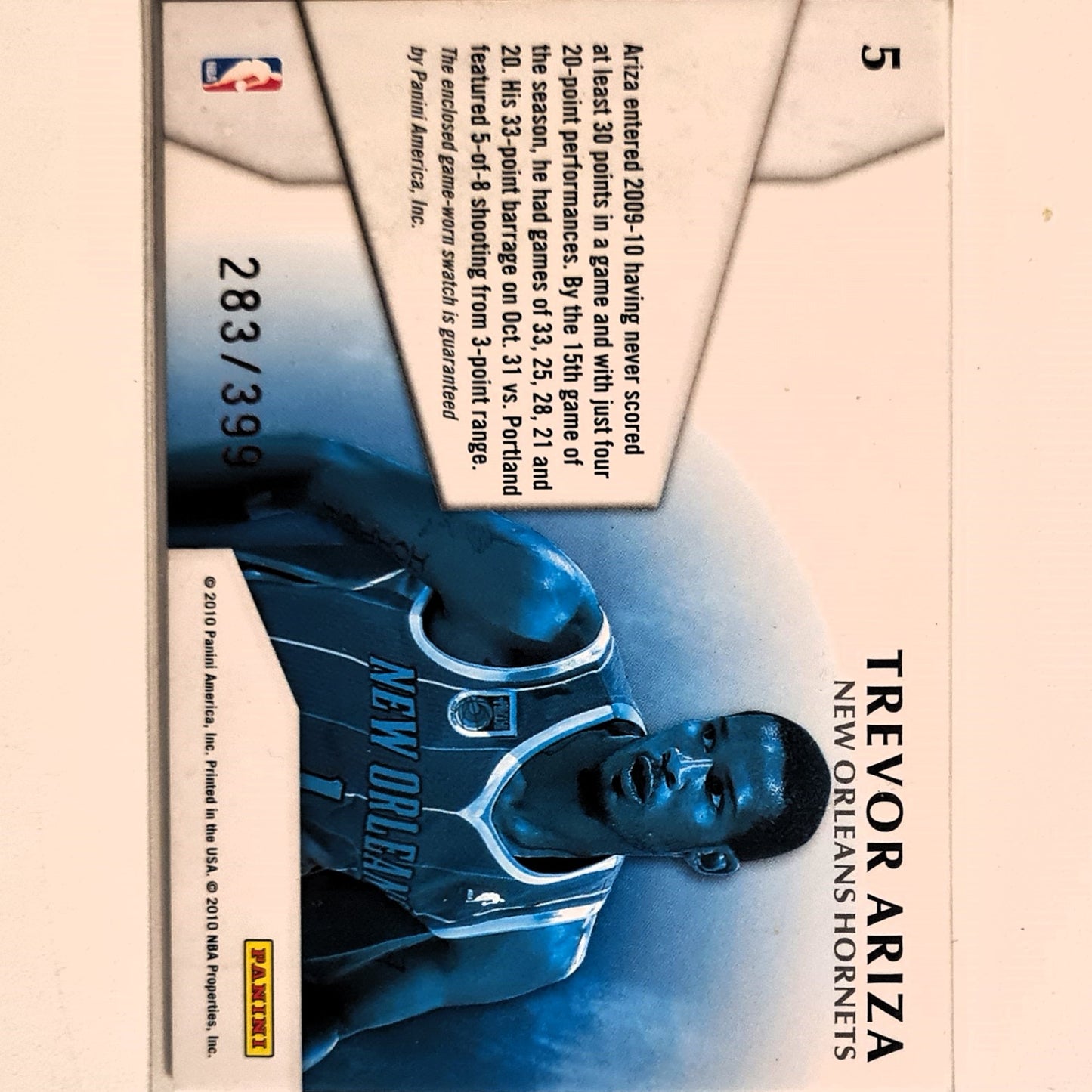 Trevor Ariza 2010 Panini Threads Century Materials relic patch numbered 283/399 #5 NBA basketball New Orleans Hornets Excellent Sleeved