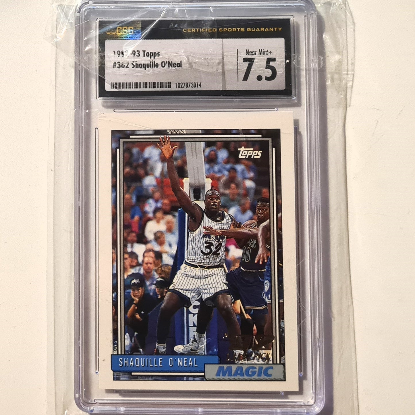 Shaquille O'Neal 1992 Topps 92 Draft pick Rookie RC #362 NBA Basketball Orlando Magic CSG 7.5 near mint+ Graded Slab