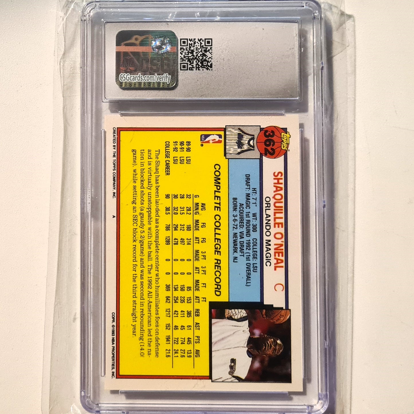 Shaquille O'Neal 1992 Topps 92 Draft pick Rookie RC #362 NBA Basketball Orlando Magic CSG 7.5 near mint+ Graded Slab