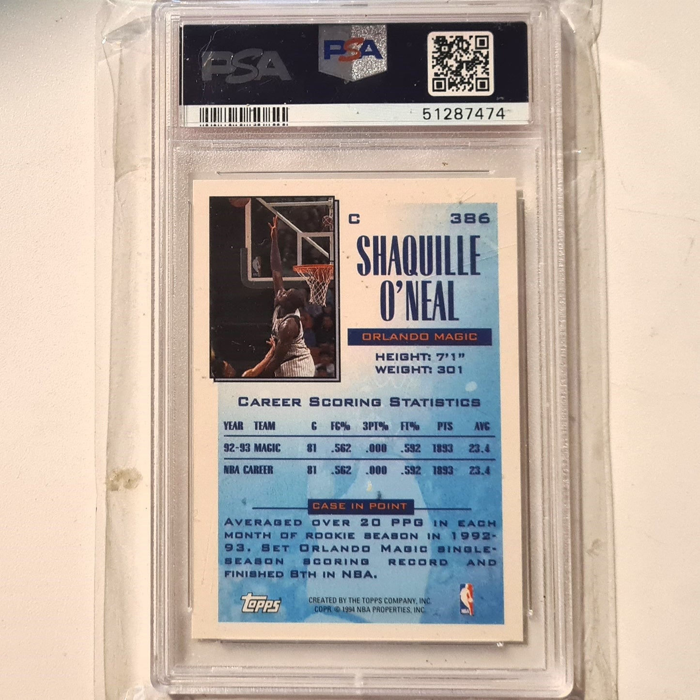 Shaquille O'Neal 1994 Topps Future scoring leader #386 NBA Basketball Orlando Magic PSA 8 near mint/mint Graded Slab