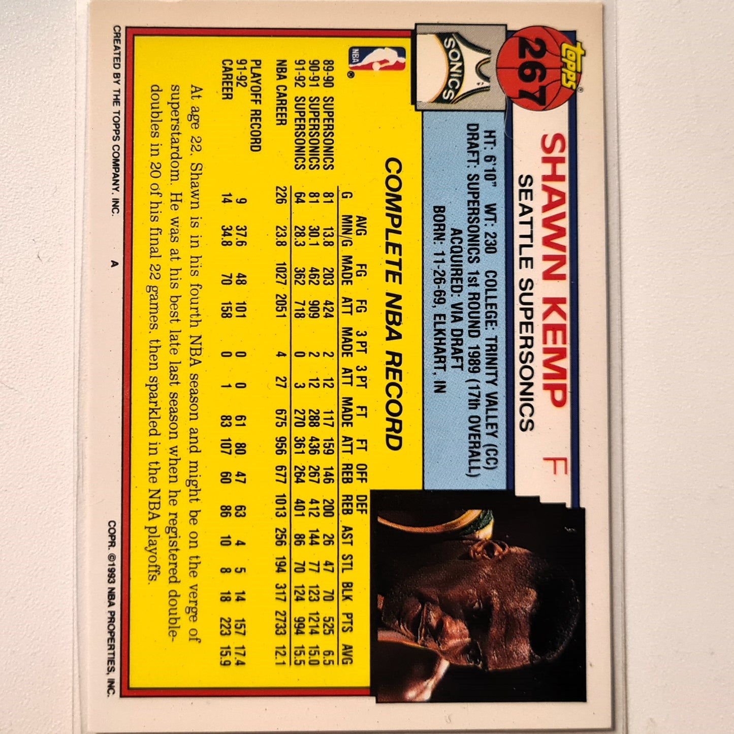 Shawn Kemp 1993 Topps #267 NBA Basketball Seattle Super Sonics Shawn Kemp very good  sleeved