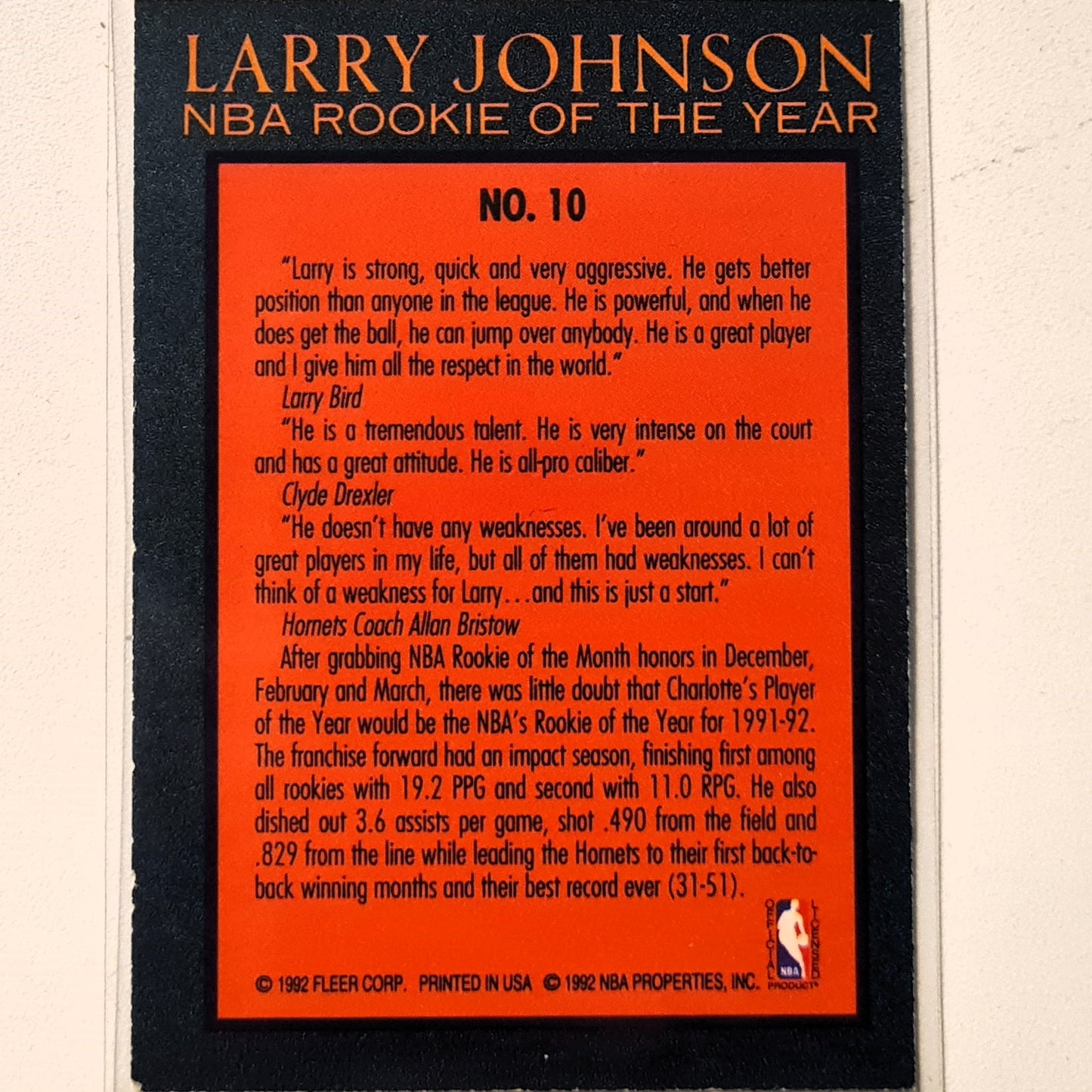 Larry Johnson 1992 Fleer rookie of the year 92-93 #10 NBA Basketball very good sleeved