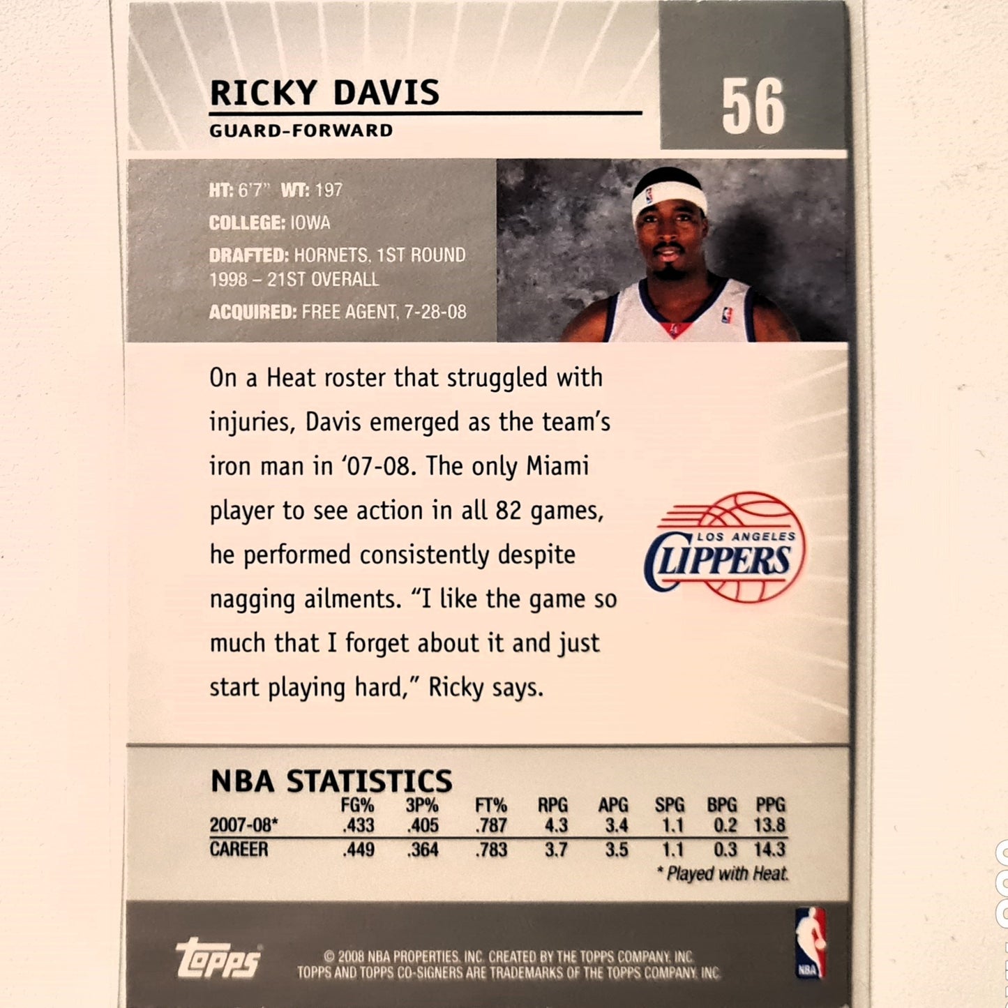 Ricky Davis 2008 Topps Co-Signers #56 NBA Basketball LA Clippers very good/Excellent sleeved