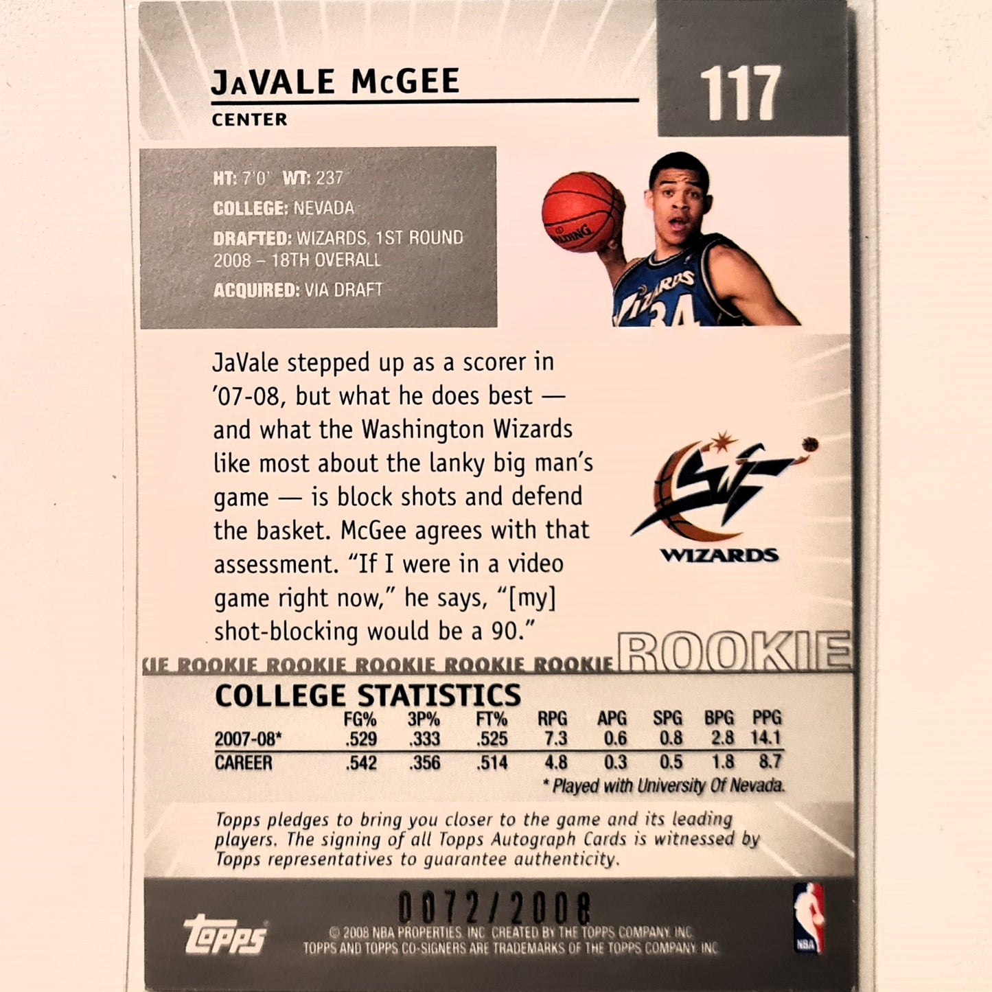 JaVale McGee 2008 Topps Co-Signers Rookie RC numbered 0072/2008 #117 NBA Basketball Washington Wizards Excellent sleeved