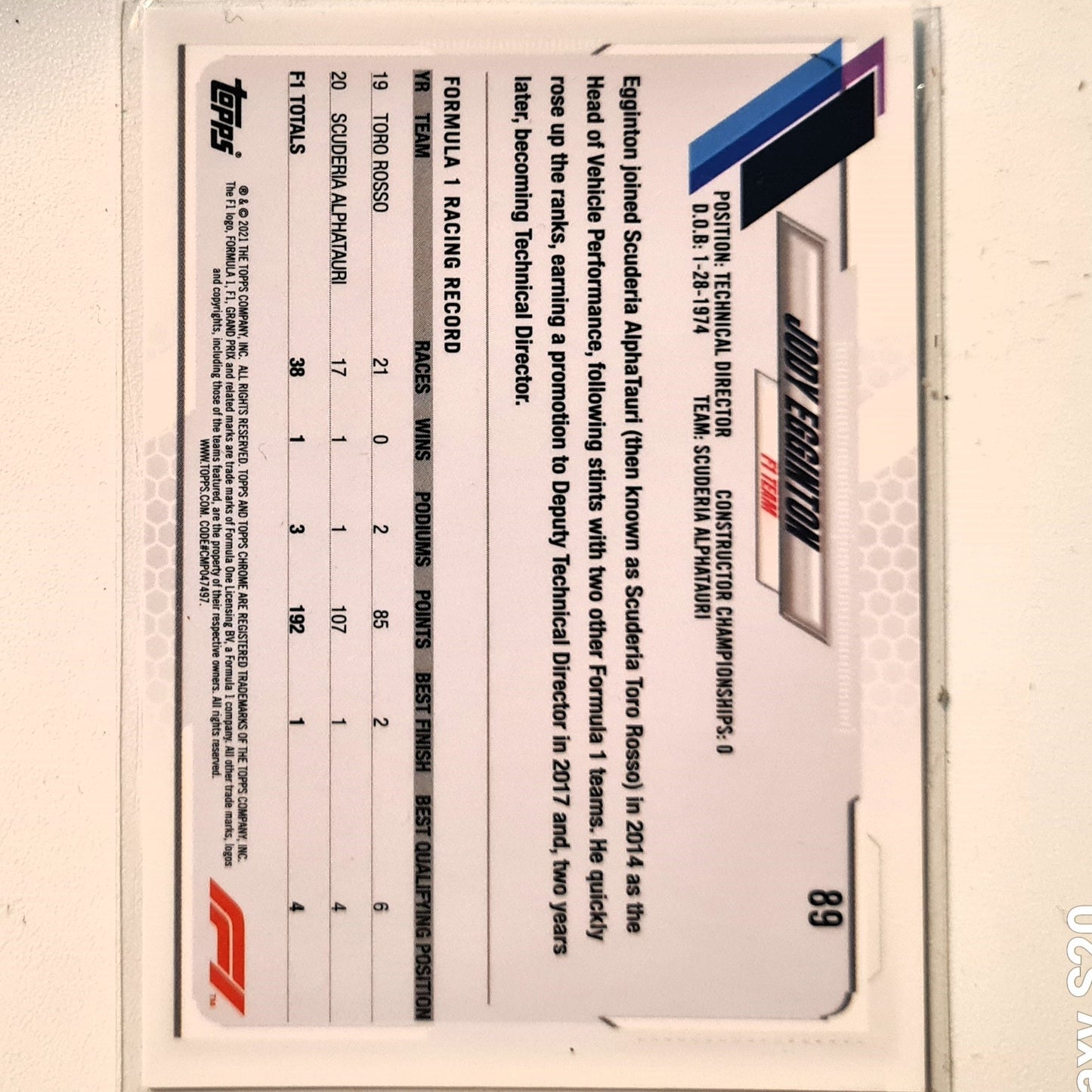 Jody Eggington 2021 Topps Chrome #89 Formula one F1 Scuderia Alphatauri excellent sleeved