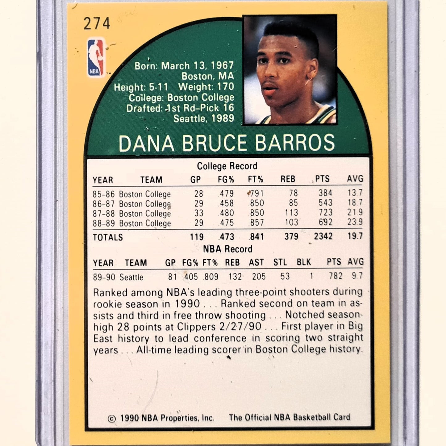 Dana Barros 1990 NBA Hoops Rookie RC #274 NBA Basketball Seattle Super Sonics Excellent/mint Sleeved