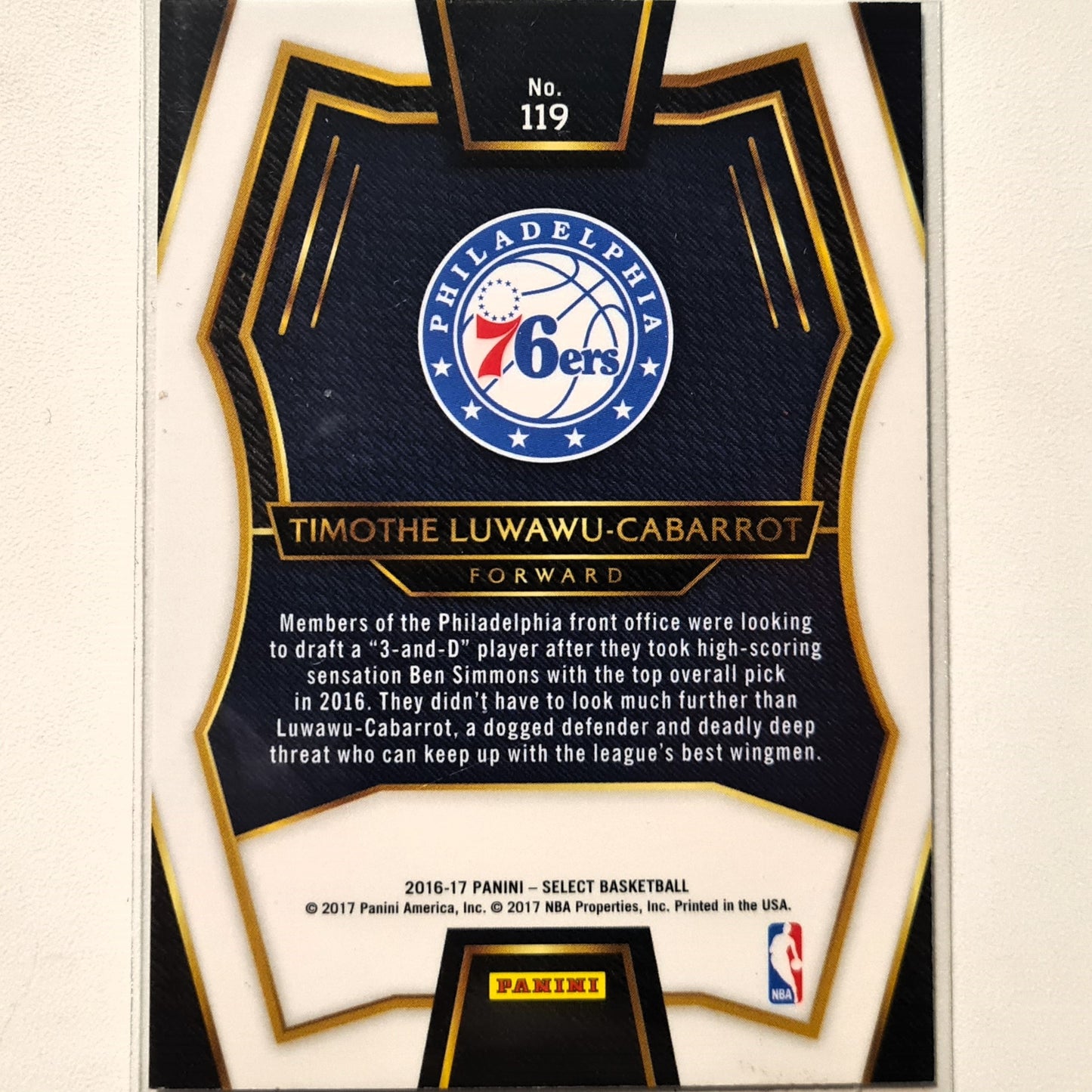 Timothe Luwawu-Cararrot 2016-17 Panini Select Rookie RC #119 NBA Basketball Philadelphia 76ers Sleeved