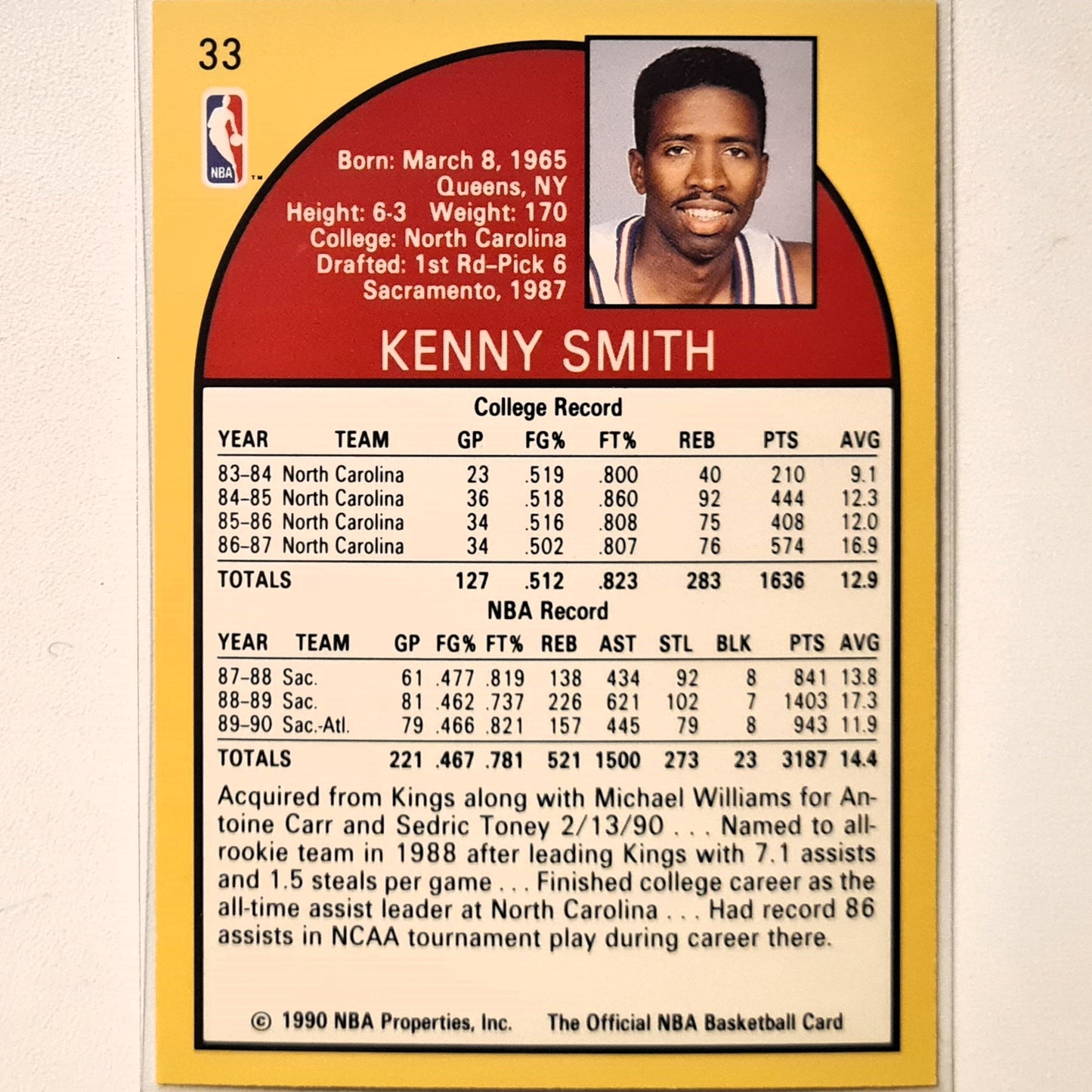 Kenny Smith 1990 NBA Hoops  #26 NBA Basketball Atlanta Hawks Excellent/mint Sleeved