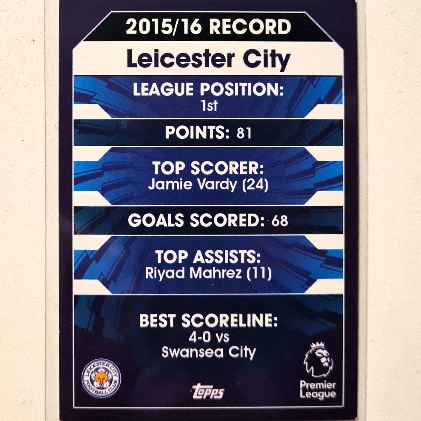 Leicester club crest 2016-17 Topps match attax league winners #127 Soccer football Leicester City very good sleeved