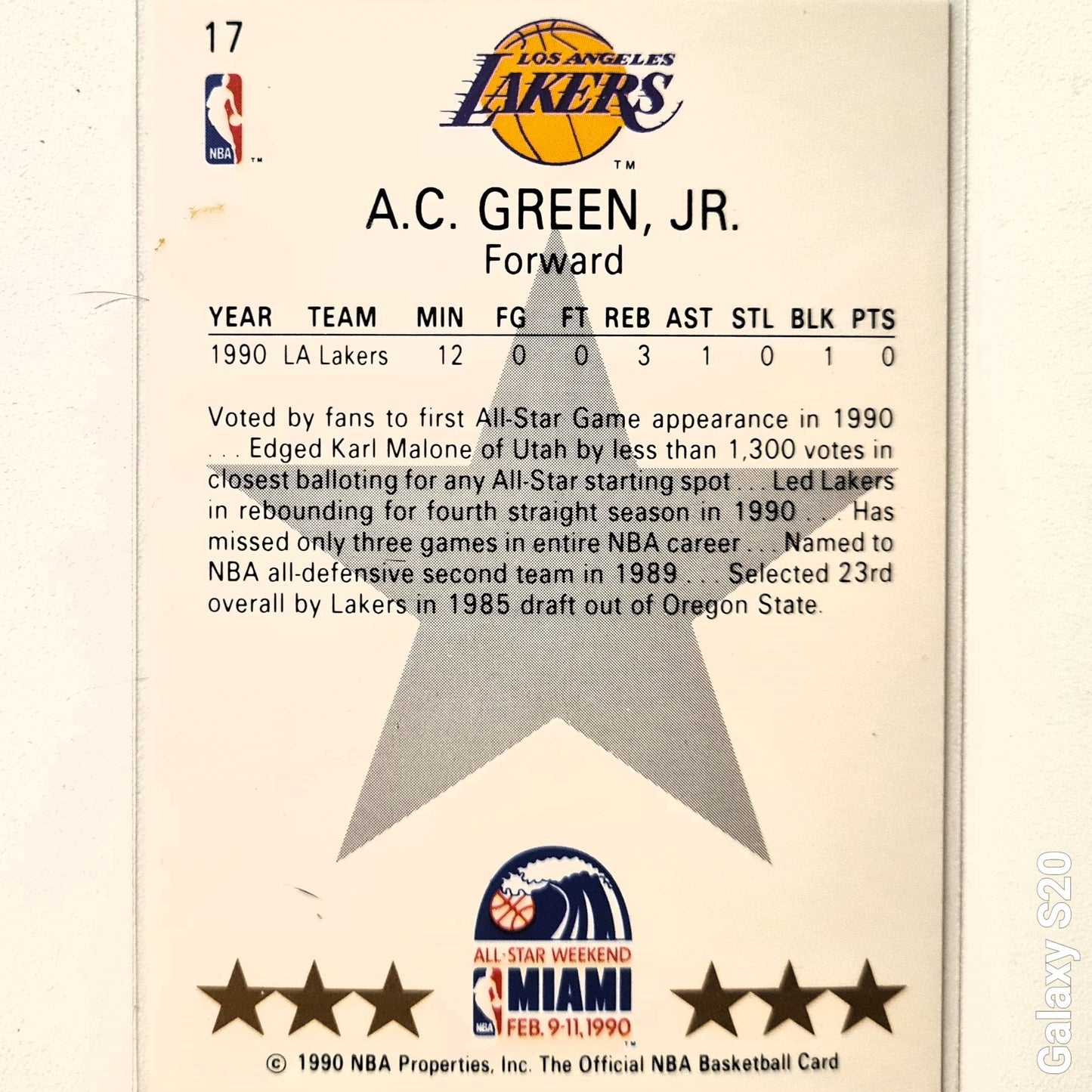 AC Green 1990 NBA Hoops all star weekend #17 NBA Basketball LA Lakers Excellent/mint sleeved