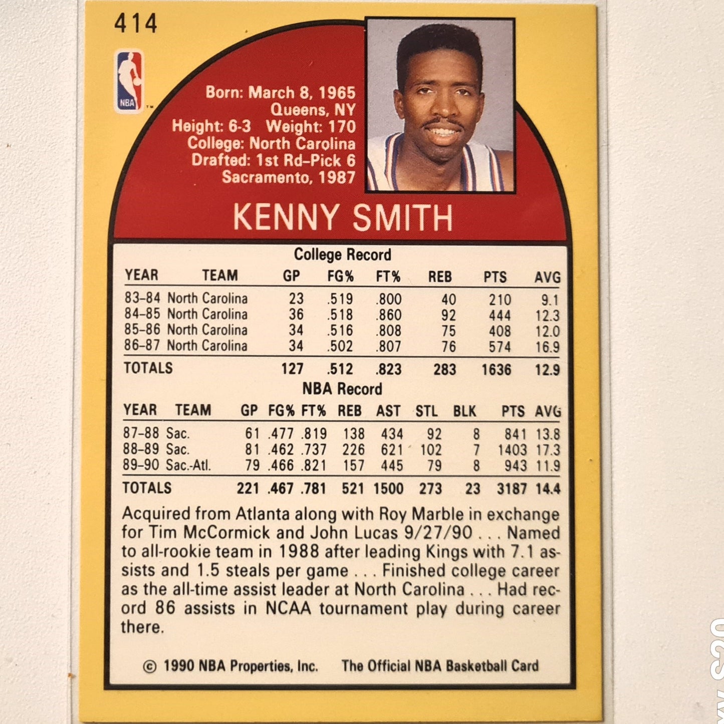 Kenny Smith 1990 NBA Hoops #414 NBA Basketball Atlanta Hawks Excellent/mint Sleeved