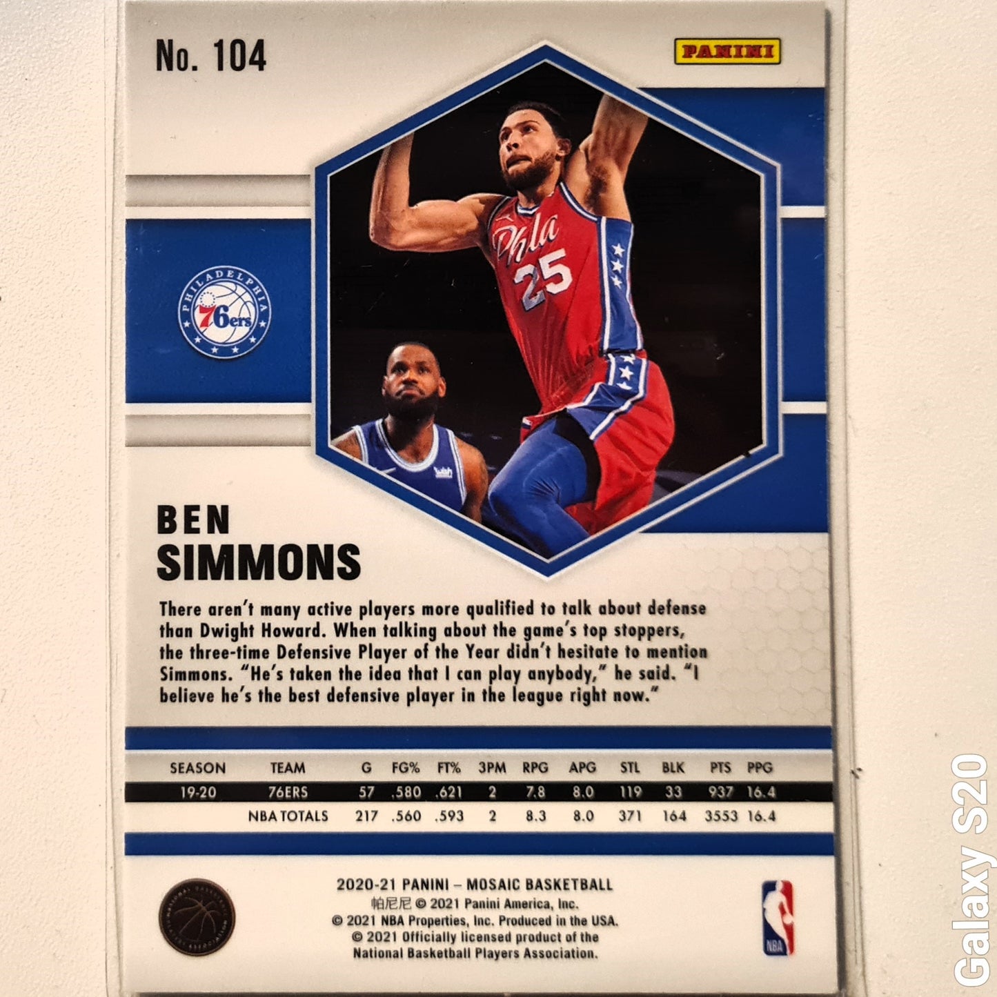 Ben Simmons 2020-21 Panini Mosaic #104 NBA Basketball Philadelphia 76ers Excellent/mint sleeved