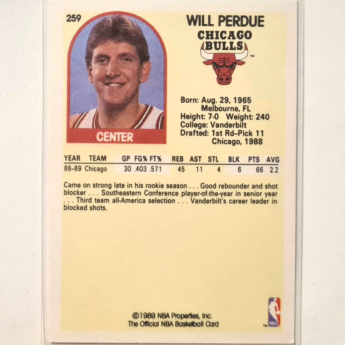 Will Perdue 1989 NBA Hoops #259 NBA Basketball Chicago Bulls Excellent/mint sleeved