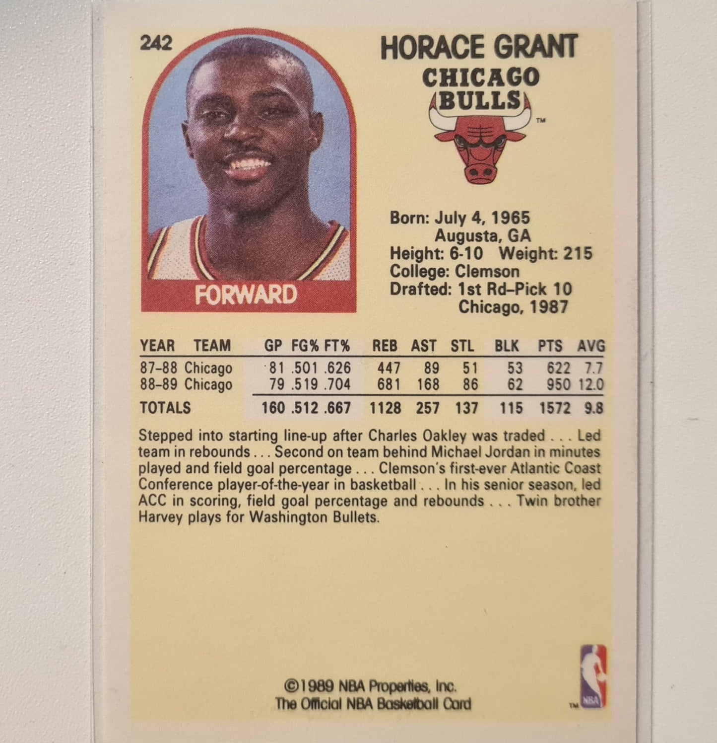 Horace Grant 1989 NBA Hoops #242 NBA Basketball Chicago Bulls Excellent/mint sleeved