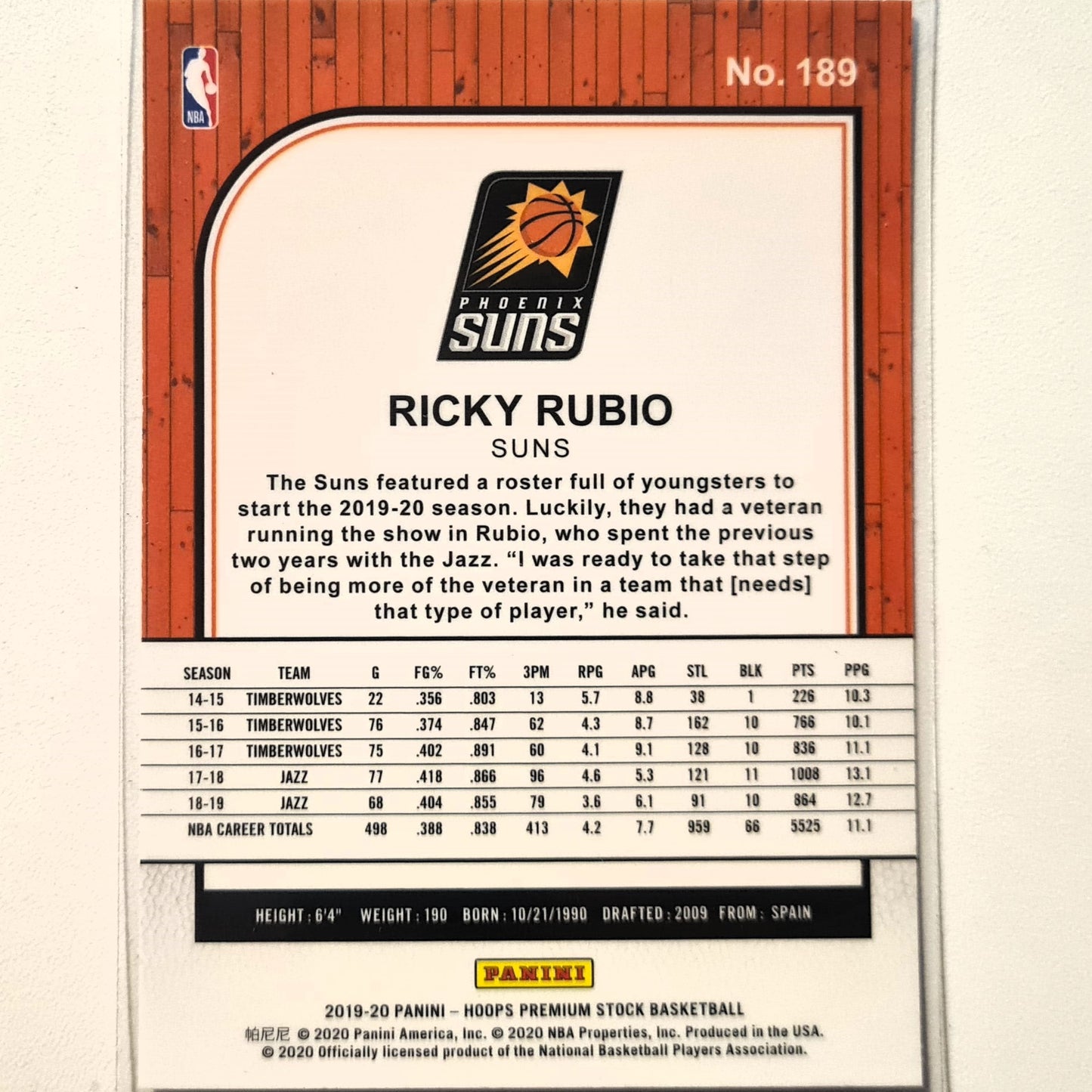 Ricky Rubio 2019-20 Panini NBA Hoops premium stock #189 NBA Basketball Phoenix Suns Excellent sleeved