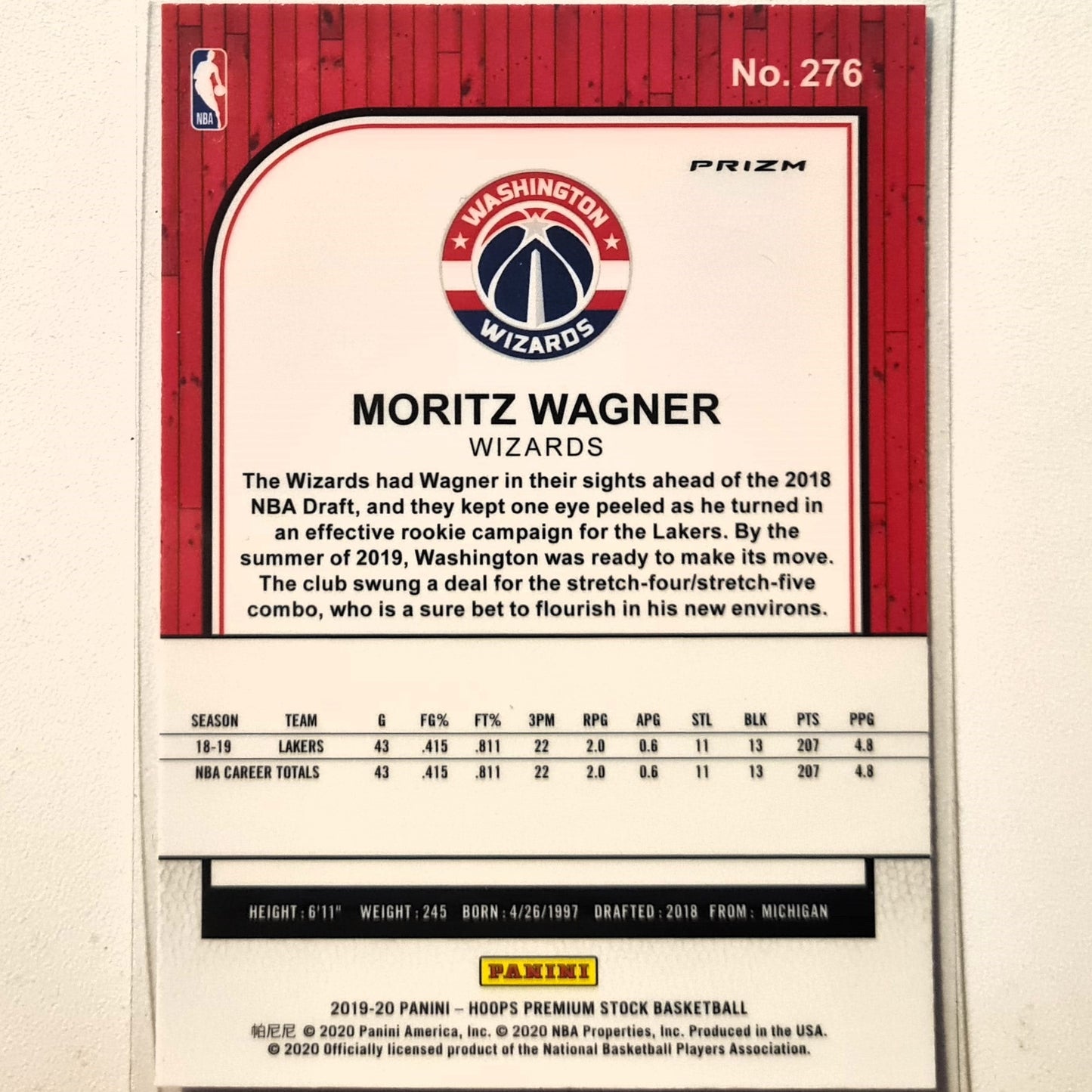 Moritz Wagner 2019-20 Panini NBA Hoops premium prizm  #276 NBA Basketball Washington Wizards Excellent sleeved