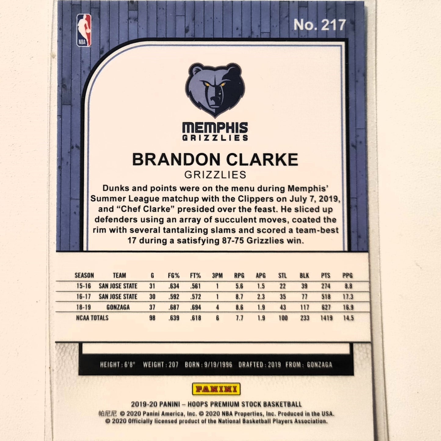 Brandon Clarke 2019-20 Panini NBA Hoops premium stock Rookie RC #217 NBA Basketball Brandon Clarke Excellent sleeved