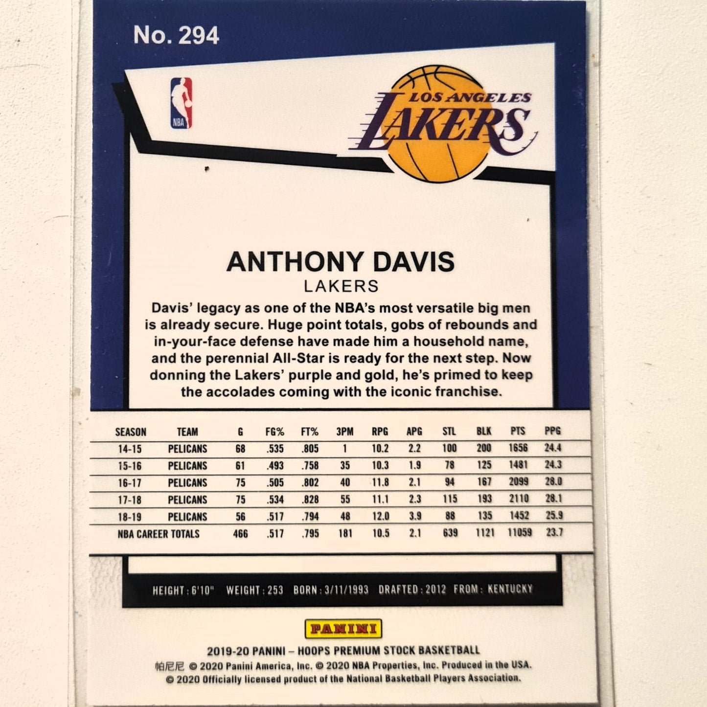 Anthony Davis 2019-20 Panini NBA Hoops premium stock Tribute #294 NBA Basketball LA Lakers Excellent sleeved