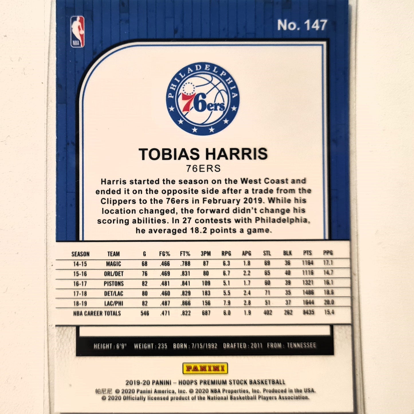 Tobias Harris 2019-20 Panini NBA Hoops premium stock Rookie RC #147 NBA Basketball Philadelphia 76ers Excellent sleeved