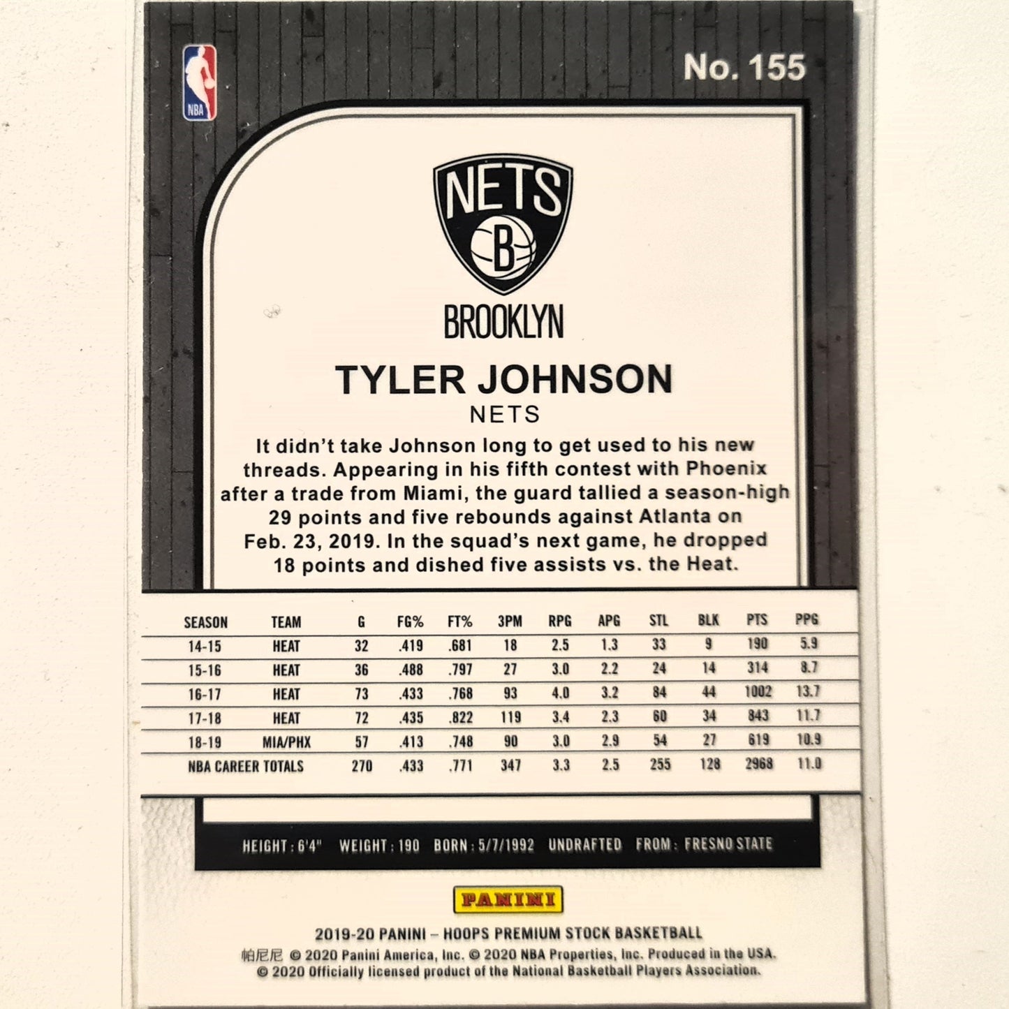 Tyler Johnson 2019-20 Panini NBA Hoops premium stock #155 NBA Basketball Brooklyn Nets Excellent sleeved