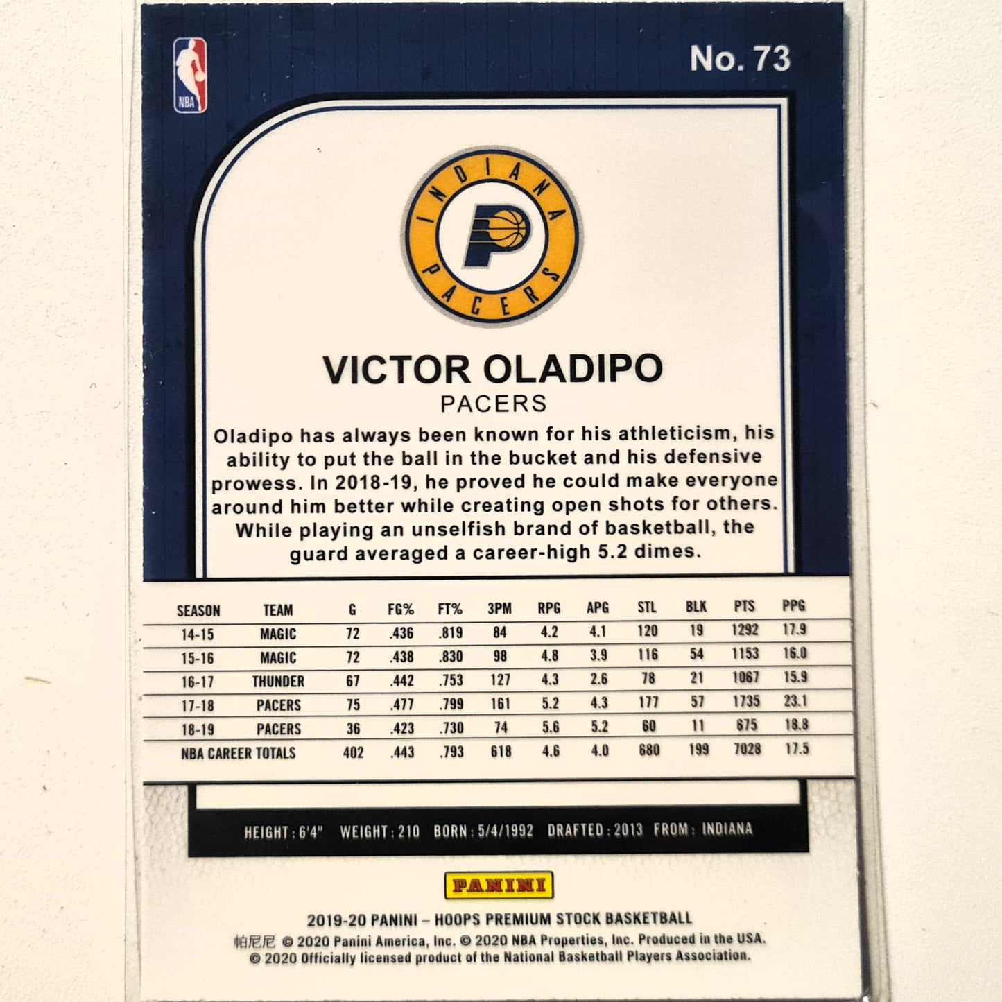 Victor Oladipo 2019-20 Panini NBA Hoops premium stock #73 NBA Basketball Indiana Pacers Excellent sleeved