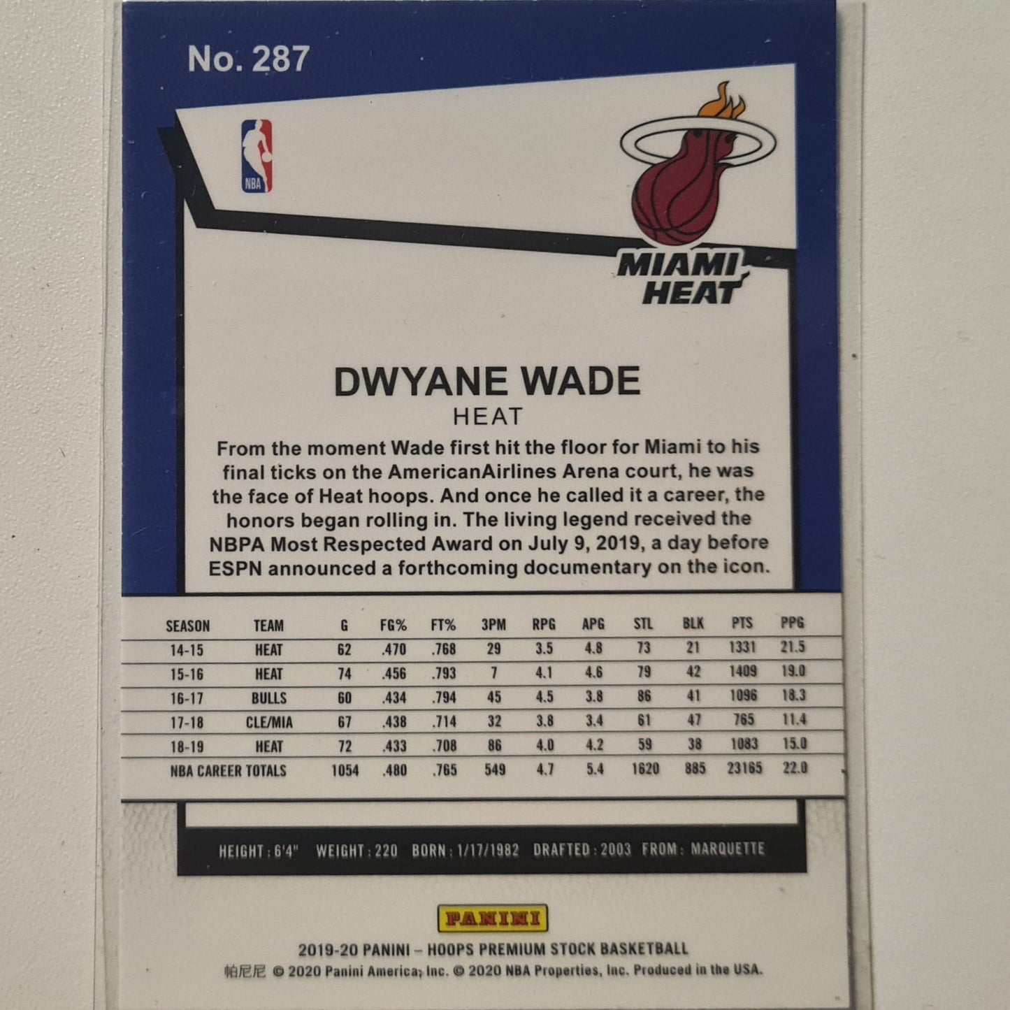 Dwayne Wade 2019-20 Panini NBA Hoops premium stock Tribute #287 NBA Basketball Miami Heat Excellent/mint sleeved