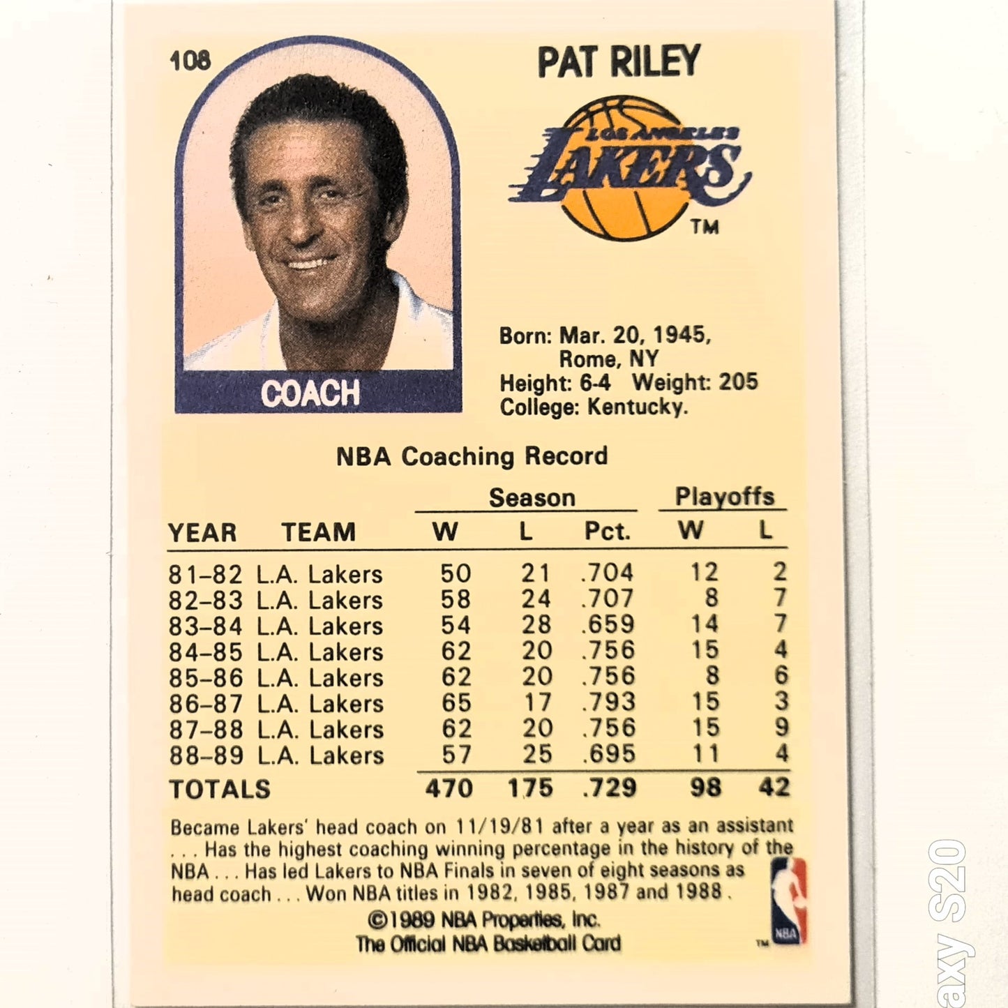 Pat riley 1989 NBA Hoops #108 NBA Basketball LA Lakers Excellent/mint sleeved