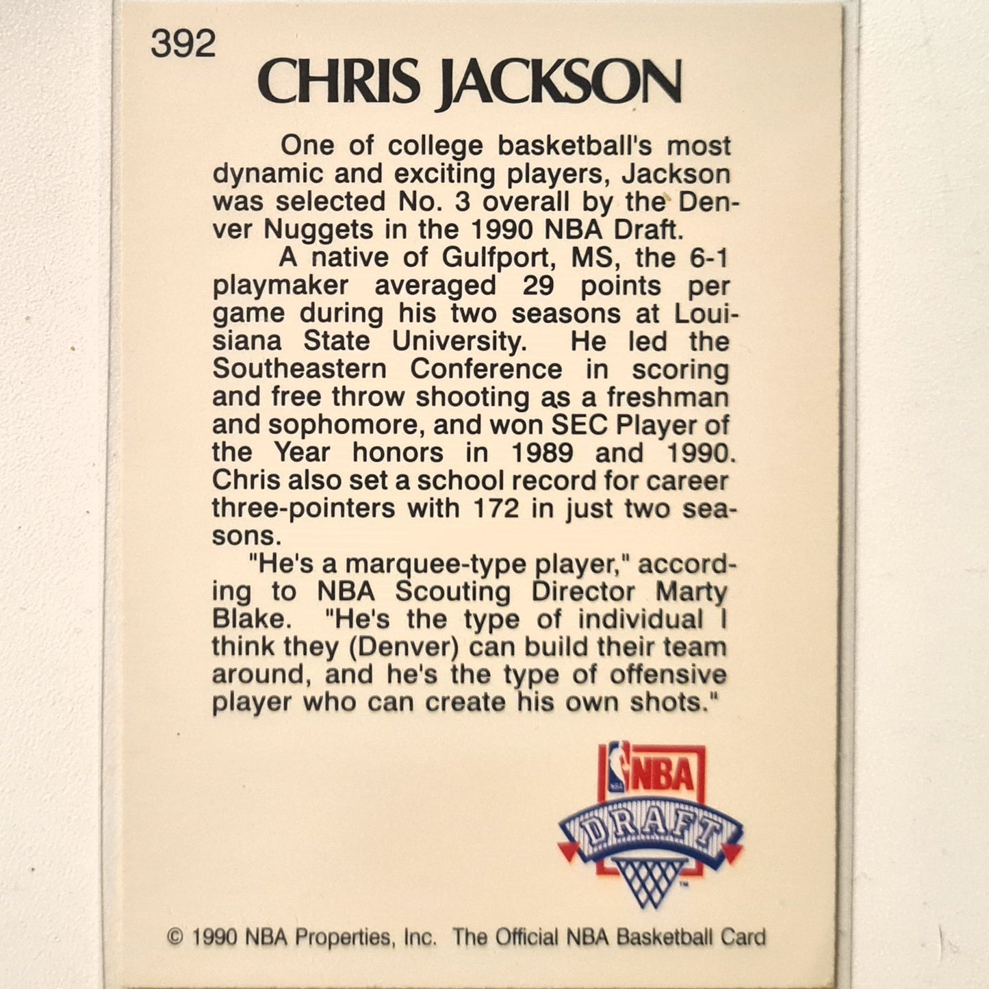 Chris Jackson 1990 NBA Hoops lottery pick Rookie RC #392 NBA Basketball Denver Nuggets superb/mint Sleeved