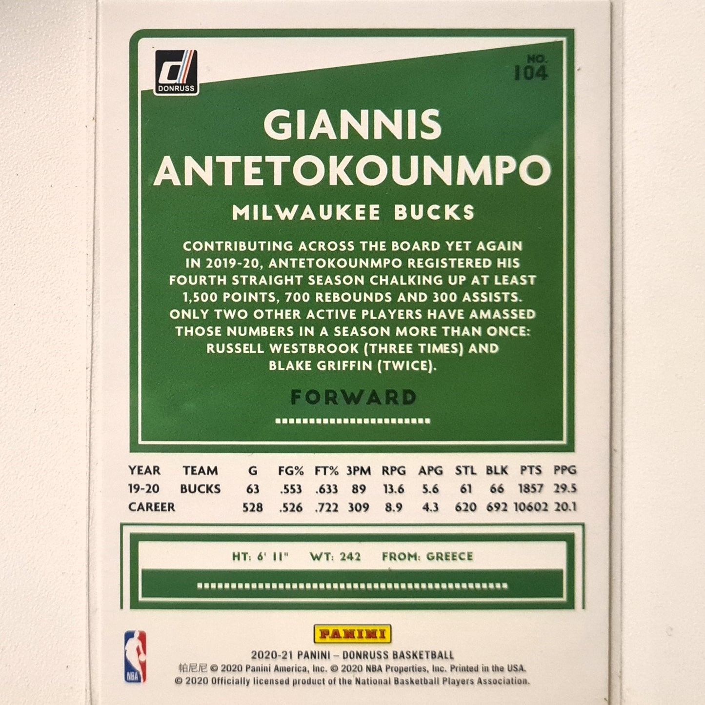 Giannis Antetokounmpo 2020-21 Panini Donruss #104 NBA Basketball Milwaukee Bucks Excellent Sleeved