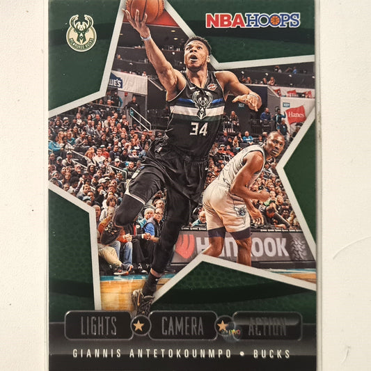 Giannis Antetokounmpo 2020-21 Panini NBA Hoops lights camera action #117 NBA Basketball Milwaukee Bucks Excellent Sleeved