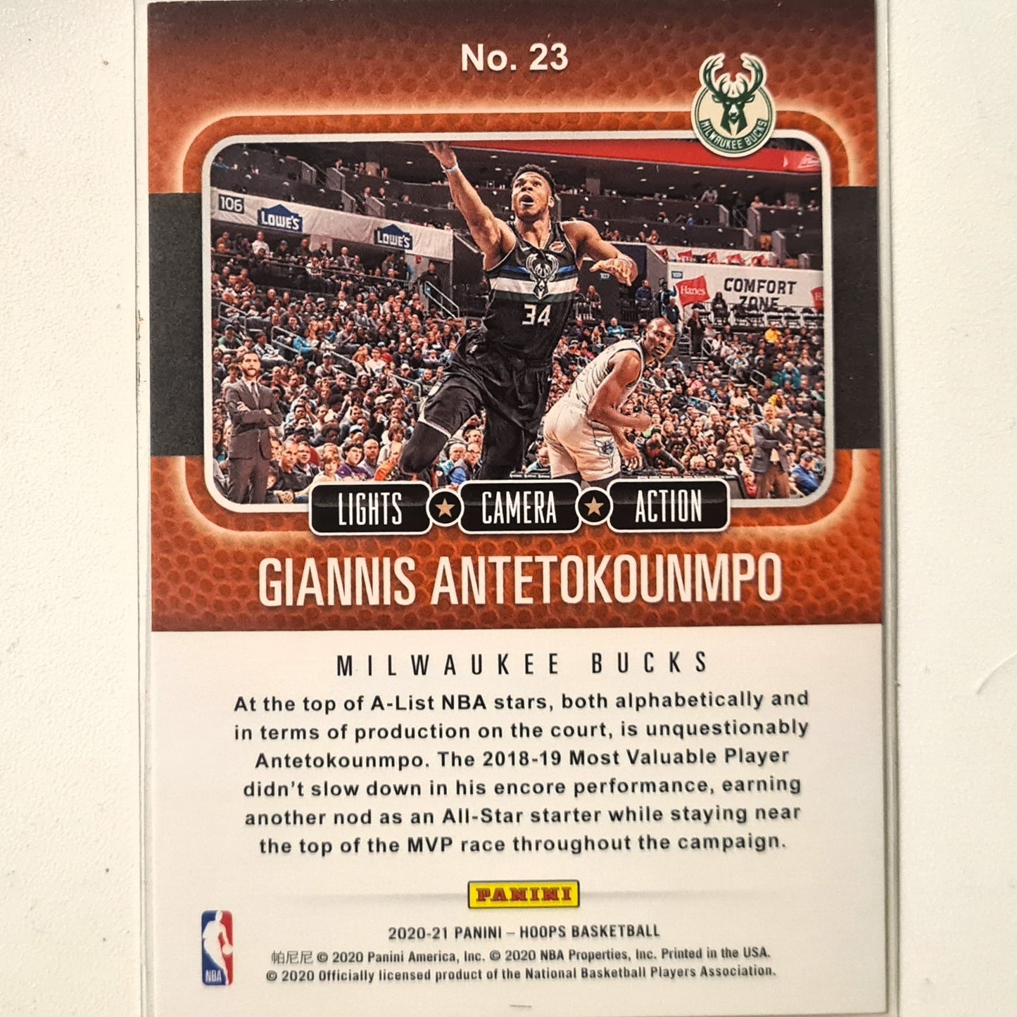 Giannis Antetokounmpo 2020-21 Panini NBA Hoops lights camera action #117 NBA Basketball Milwaukee Bucks Excellent Sleeved