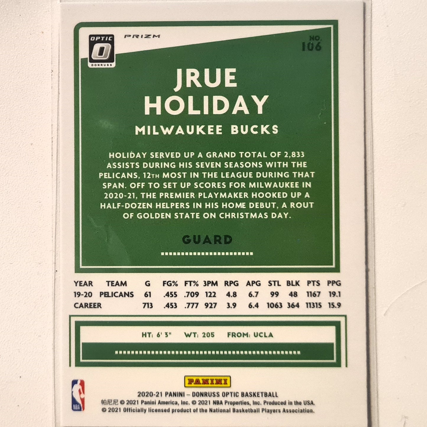 Jrue Holiday 2020-21 Panini Donruss Opric prizm #118 NBA Basketball Milwaukee Bucks excellent/mint Sleeved