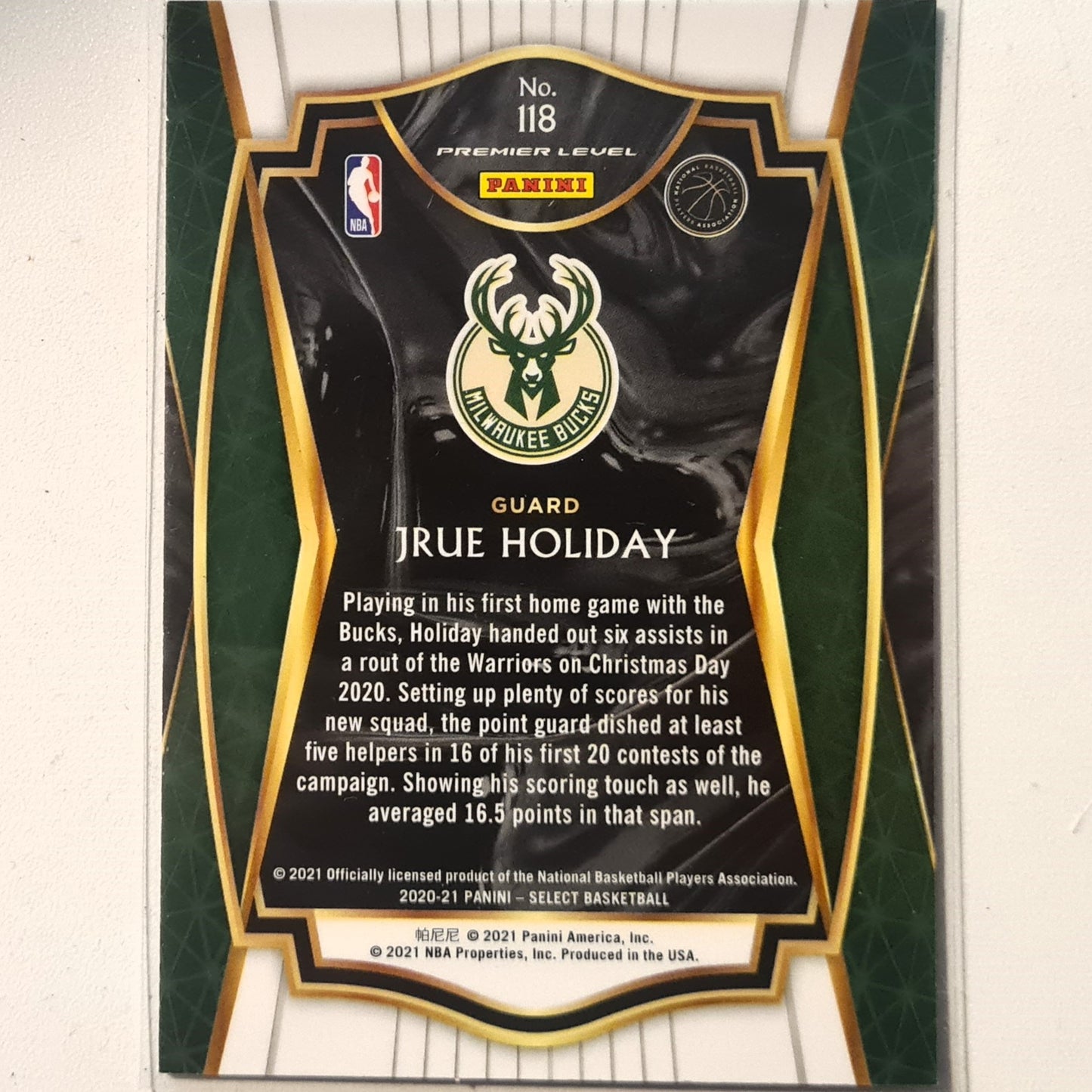Jrue Holiday 2020-21 Panini Select blue premier level #118 NBA Basketball Milwaukee Bucks excellent/mint Sleeved