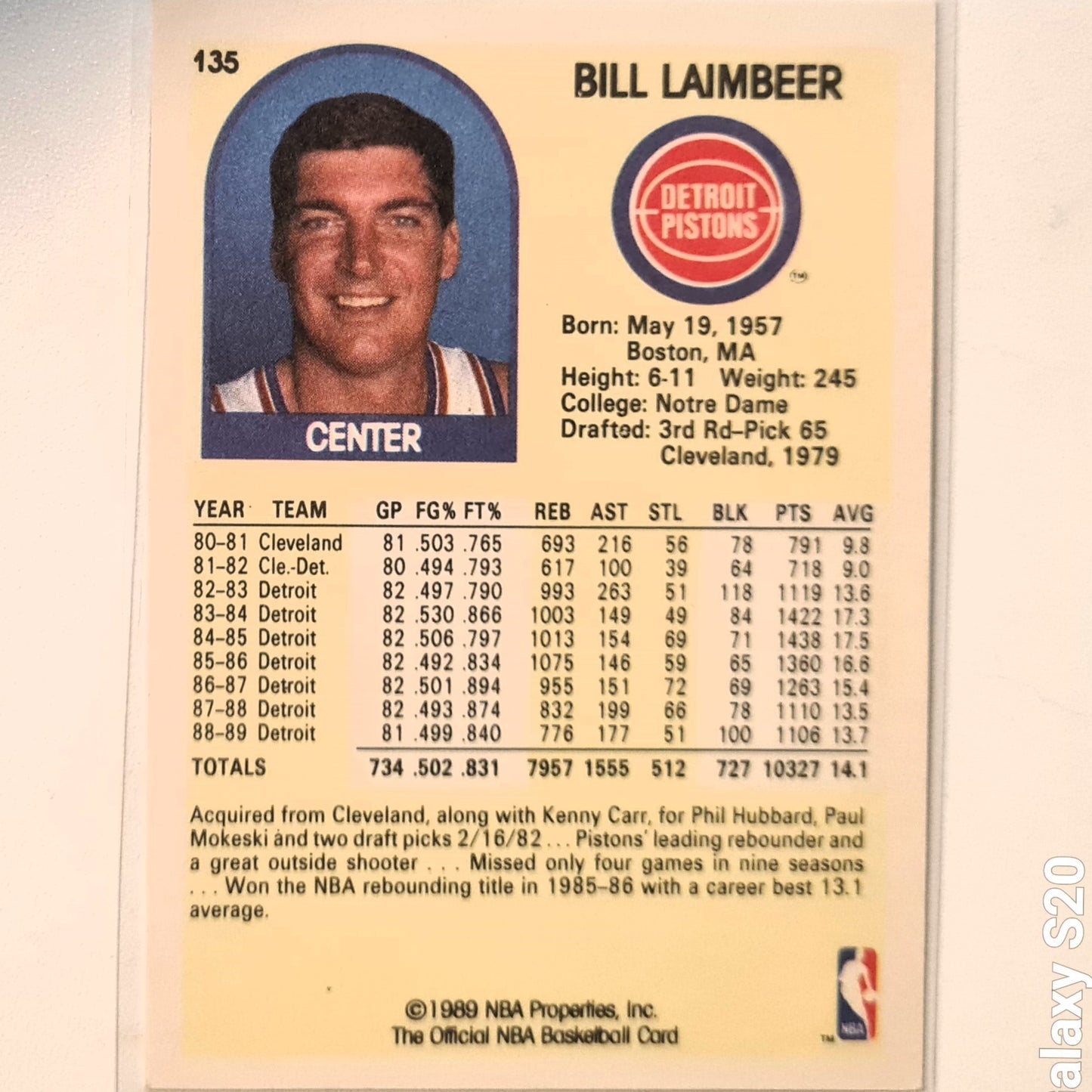 Bill Laimbeer 1989 NBA Hoops #135 NBA Basketball Detroit Pistons Excellent sleeved