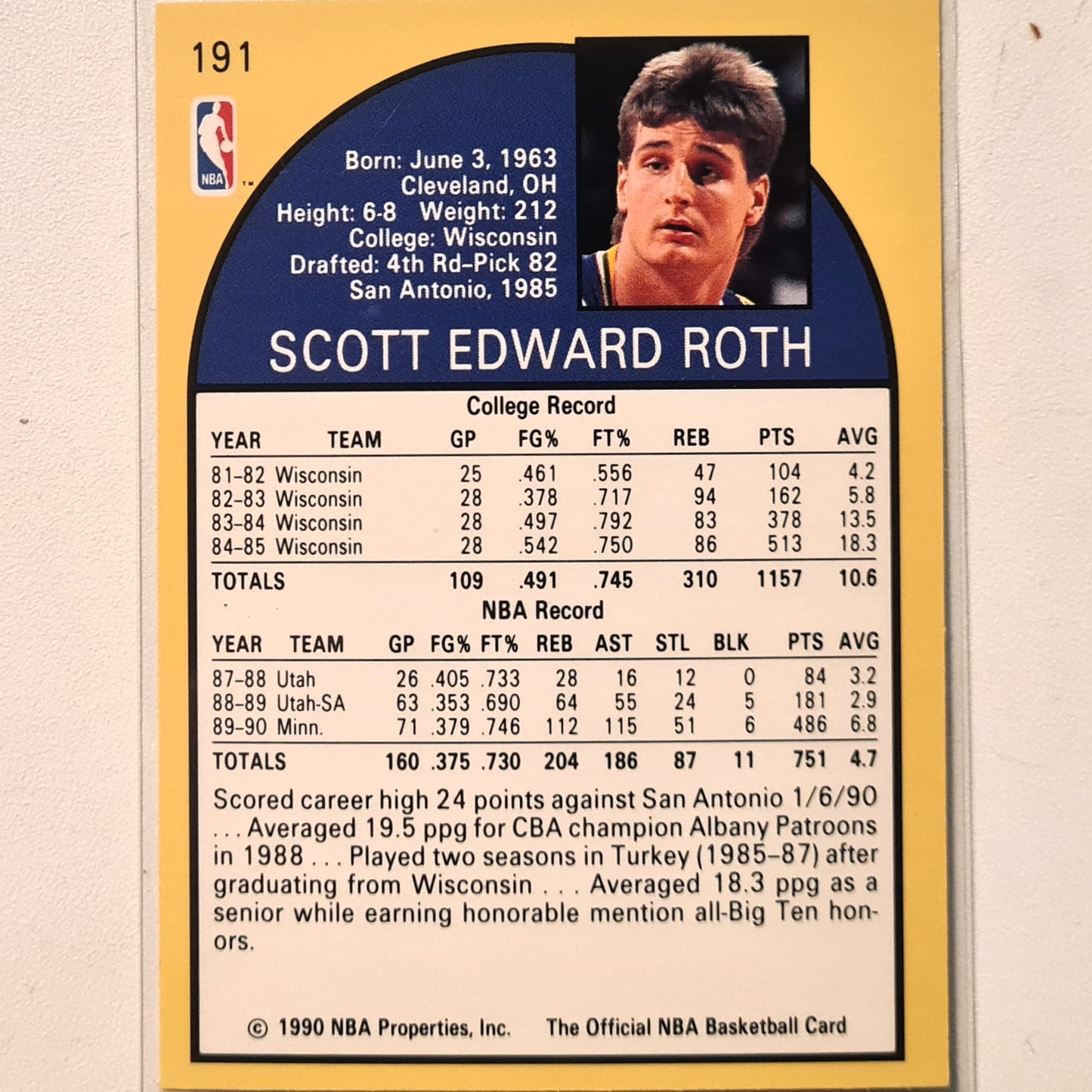 Scott Roth 1990 Skybox NBA Hoops #191 NBA Basketball Minnesota Timberwolves Excellent sleeved