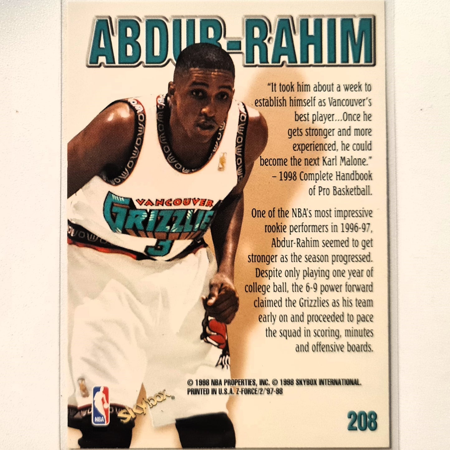Shareef Abdur-Rahim 1998 Skybox Z-Force Zupermen #208 NBA Basketball Vancouver Grizzlies Excellent Sleeved