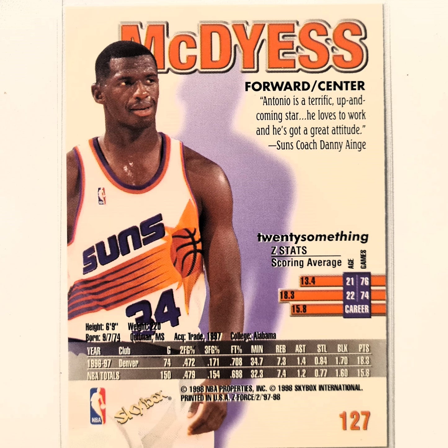 Antonio McDyess 1998 Skybox Z-Force #127 NBA Basketball Phoenix Suns Excellent Sleeved