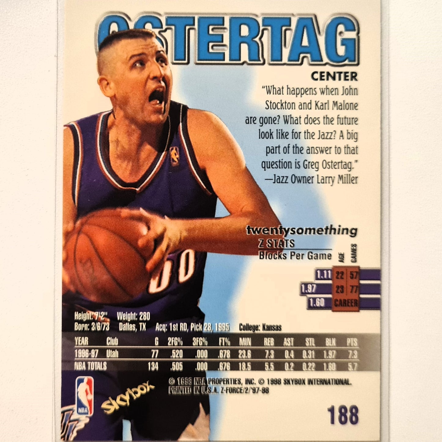 Greg Ostertag 1998 Skybox Z-Force #188 NBA Basketball Utah Jazz Excellent Sleeved