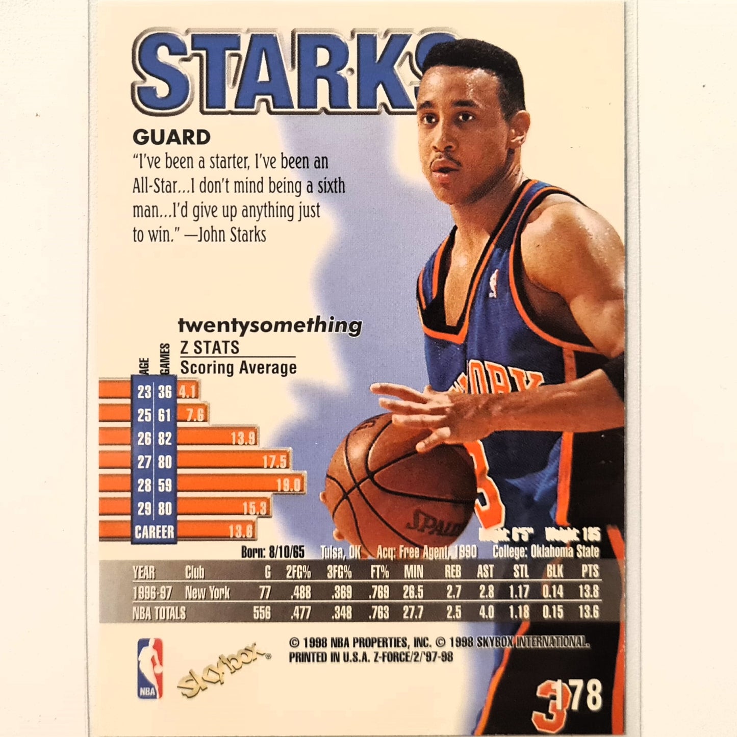 John Starks 1998 Skybox Z-Force #178 NBA Basketball New York Knicks Excellent Sleeved