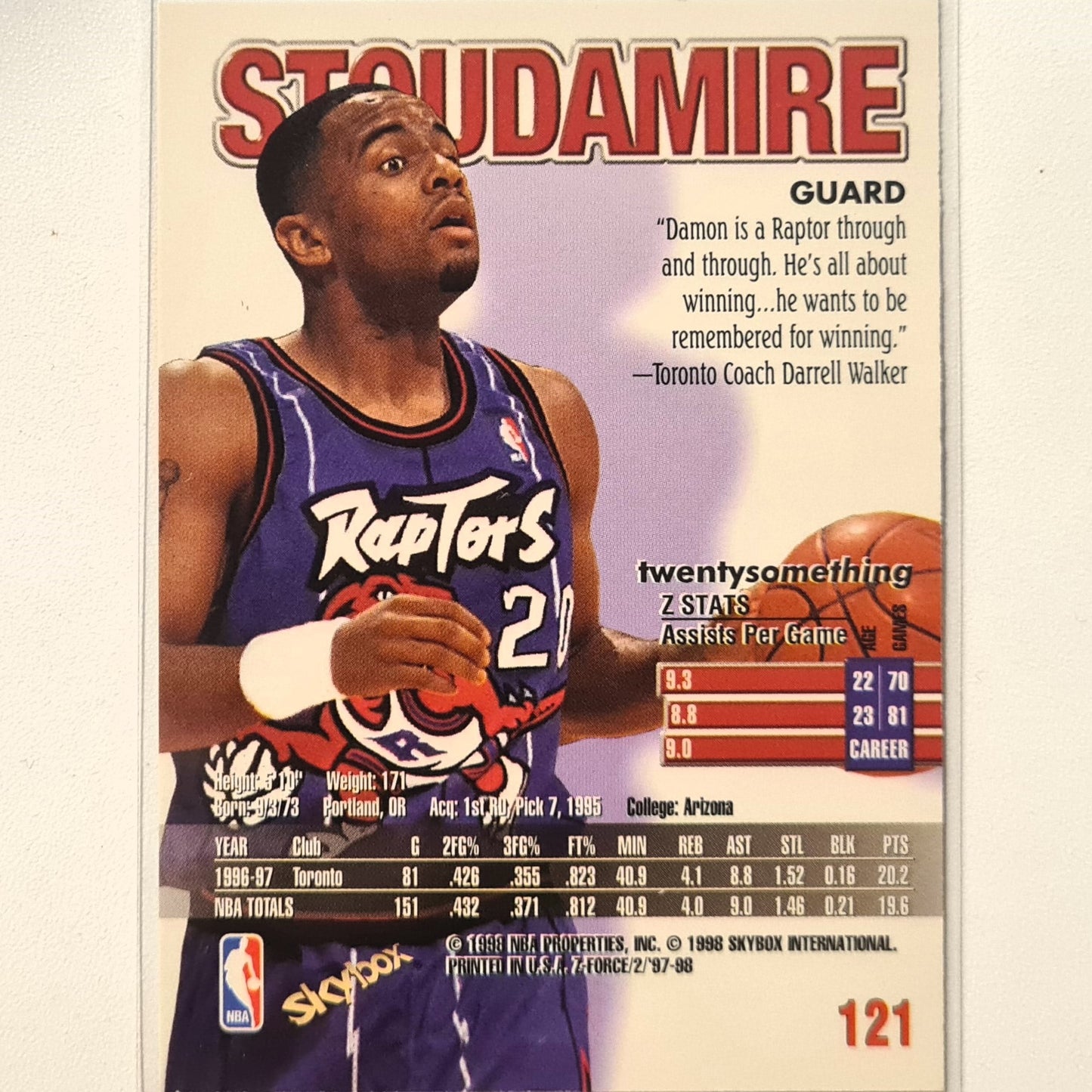 Damon Stoudamire 1998 Skybox Z-Force #121 NBA Basketball Toronto Raptors Excellent Sleeved