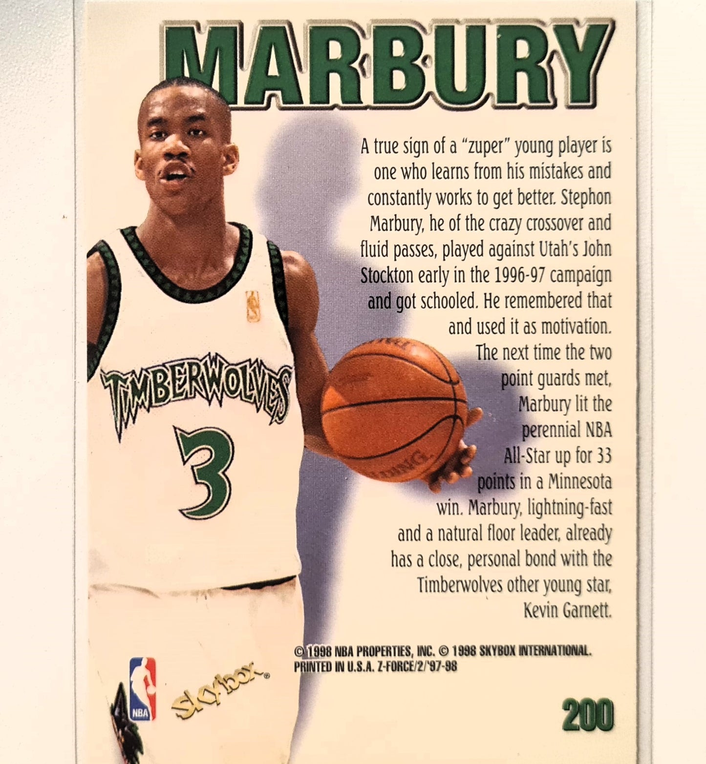 Stephon Marbury 1998 Skybox Z-Force Zupermen #200 NBA Basketball Minnesota Timberwolves Excellent Sleeved