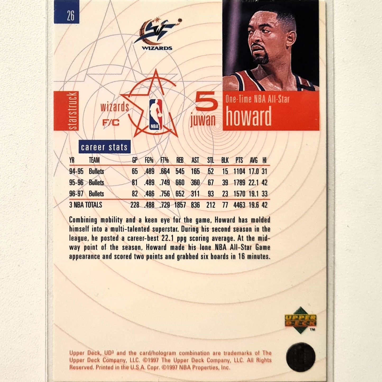 Juwan Howard 1997 Upper Deck UD3 Starstruck holo #26 NBA Basketball Washington Bullets Very good-Excellent sleeved