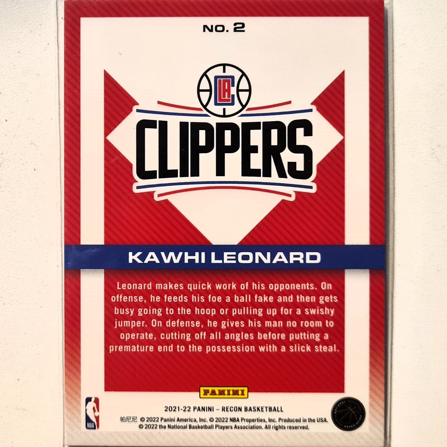 Kawhi Leonard 2021-22 Panini Recon #2 NBA Basketball LA Clippers excellent Sleeved