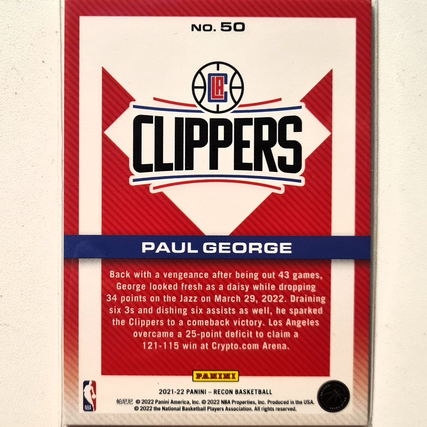 Paul George 2021-22 Panini Recon #50 NBA Basketball LA Clippers excellent Sleeved